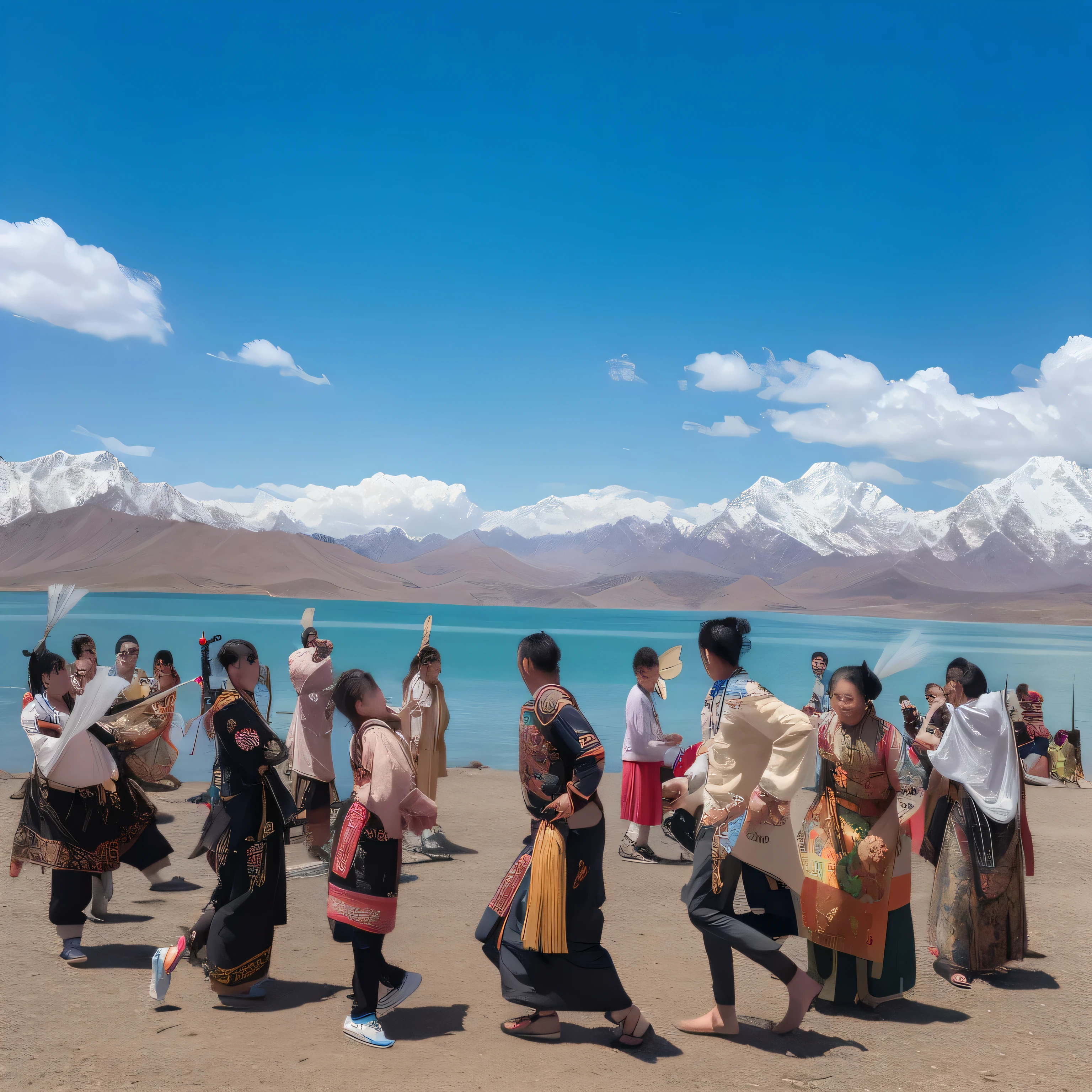 穿着traditional garb的人们在湖前跳舞，Mountains are the background, , Tribal dance, Mongolia, Local people chase the attack, People dance in background, People dance, 藏族骷髅Khufu, Sci-fi fashion, chinese ribbon dance, author：dildamelo, Khufu, traditional garb, year 2447, Shanti Himalayas，Preserve the character's facial details