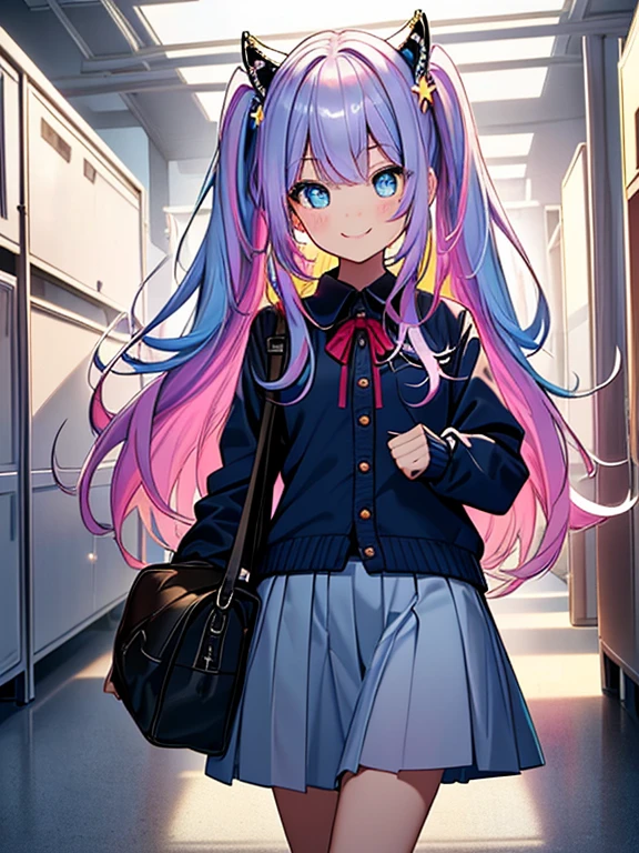 ((masterpiece、top-quality:1.5、a high chroma:1.5、ultra-detailliert、high-resolution illustrations:1.5、Ultra-high-definition CG、8k size wallpaper、offcial art))、,(highly colorful:1.5),(front view:1.5),(1girl),(pink hair,twintails),(Cute little girl:1.5)、(Shining blue eyes:1.5),(Beautiful face:1.5,Beautiful eyes:1.5)、(close to viewer:1.5),
(seductive smile:1.3)、(school uniform),(medium breasts),(cowboy shot:1.5),(school),colourfull、