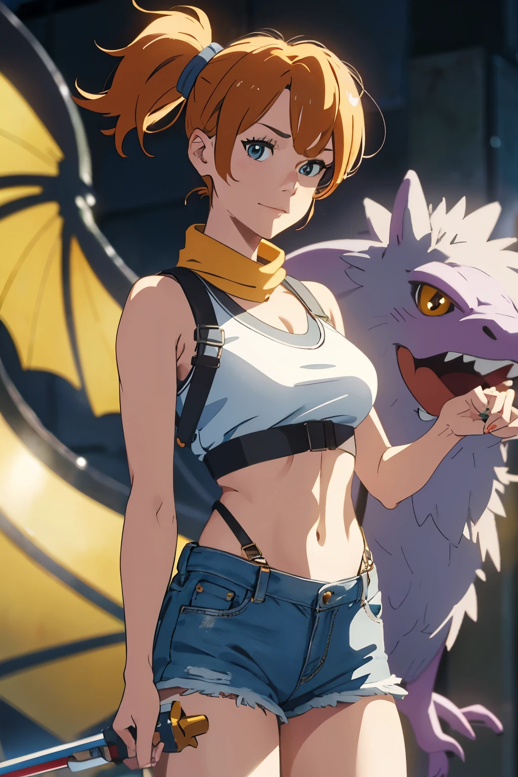 The centerpiece of the image is Misty from Pokémon, standing outdoors with a confident smile. She has orange hair styled in a side ponytail, and is wearing denim shorts with suspenders over a yellow crop top that shows off her midriff and navel. Yellow tanktop. Her short hair frames her face, while her cowboy shot posture exudes confidence and strength.

Misty is accompanied by a cute Dragon.

Overall, the image is a masterpiece, with high-quality details and a realistic rendering of Misty, her outfit, and her companion monsterfish. The colors are vivid and eye-catching, and the image is high-resolution, capturing every nuance of Misty's confident and adventurous spirit.