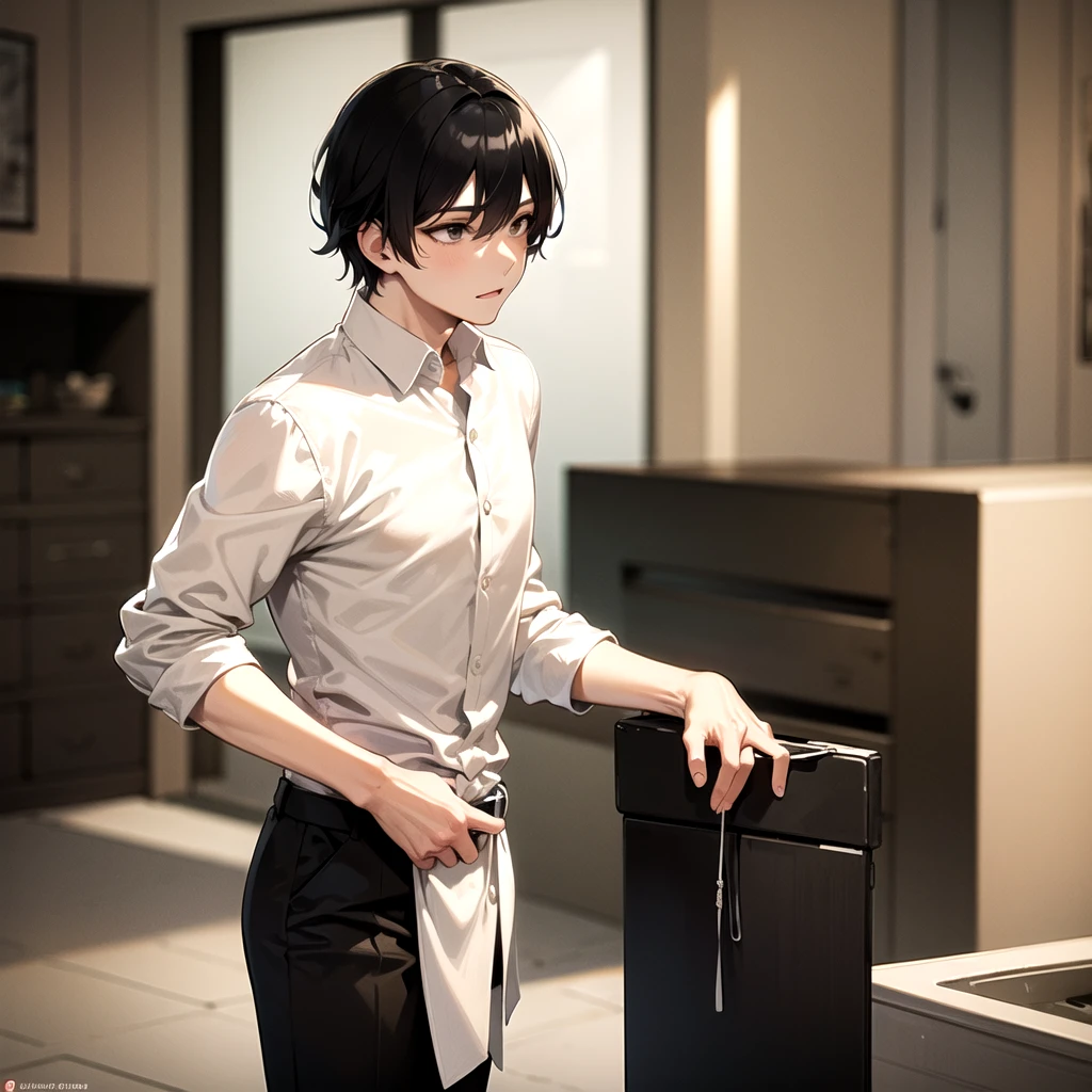 masterpiece, best quality, 1boy, solo, mature male, black hair, black hair, beige shirt, black pants, indoors