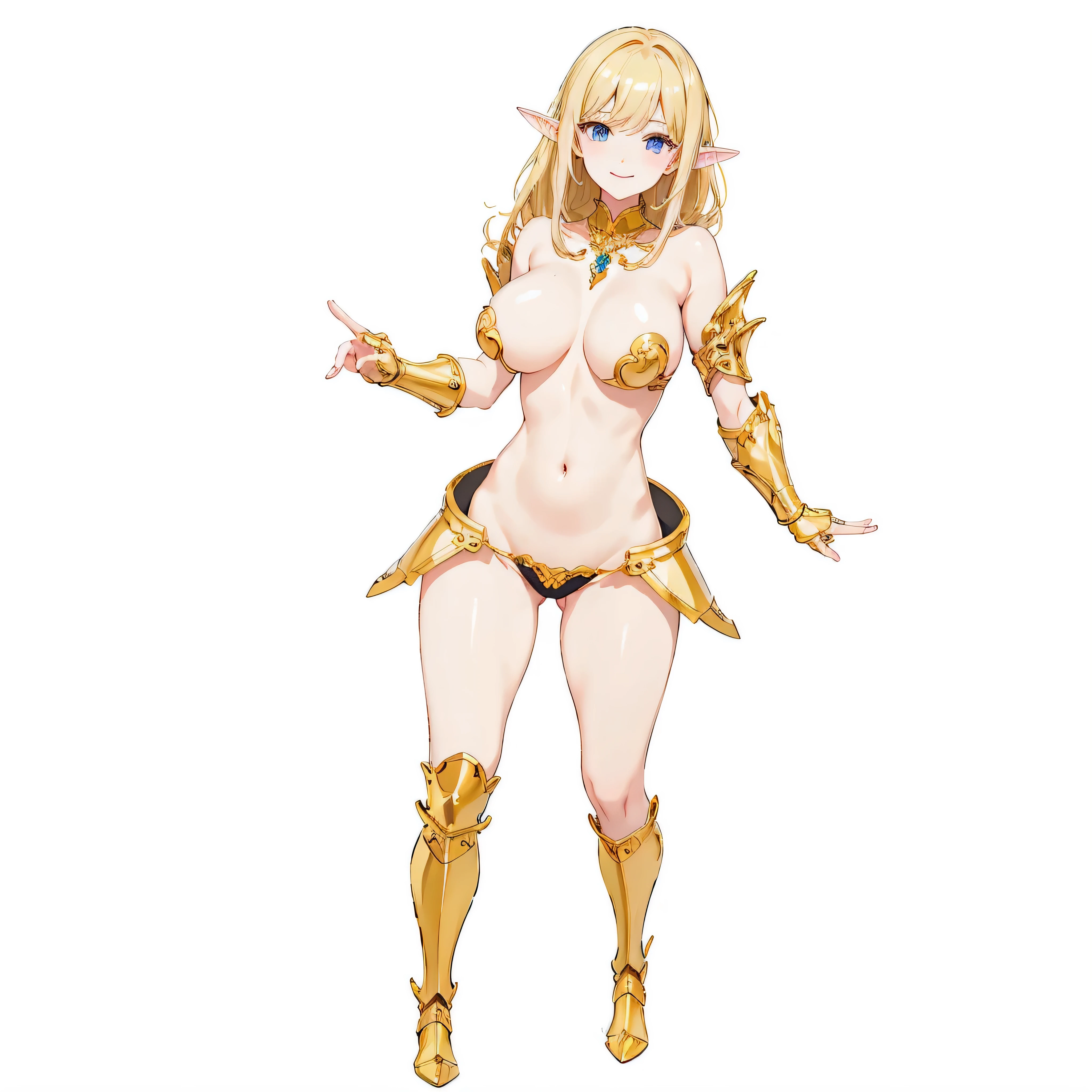 ​masterpiece、top-quality、ighly detailed、hight resolution、１６ｋ、fullnude、teats、Teetoob proportions、golden armour、Very thin skirt、Black pants、Very white skin、Beautiful fingers、Anime girl with very big breasts posing naked、Perfect Style、elvish、no-bra、Blonde blue-eyed、A smile、elvishの女の子、slim the contours