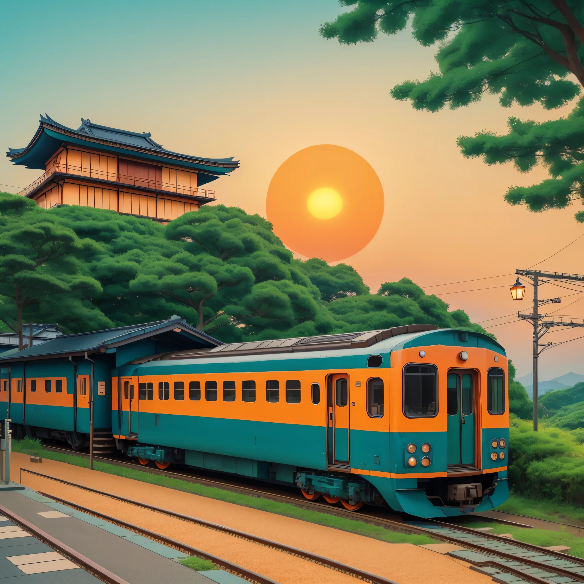 train. Japon. zero. manga. chat. orange. lever du soleil. bleu. vert. school. arbre. Asiatique.