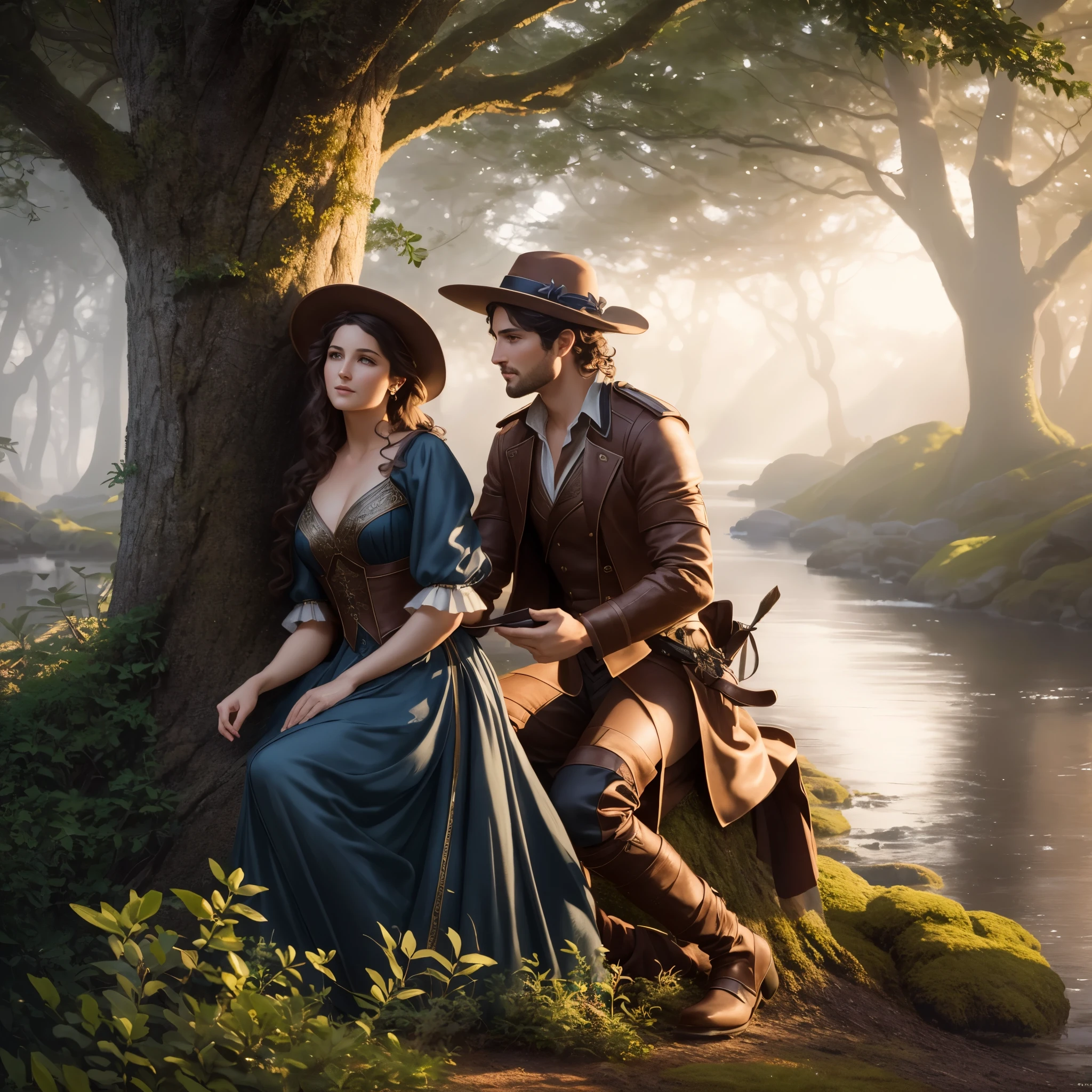there is a man and woman mating next to a tree, realistic fantasy render, 4k art, romance novel cover, fantasy genre portrait, tom bagshaw weta studio, realistic digital art 4 k, realistic digital art 4k, 8k high quality detailed art, hyperrealistic fantasy art, beautiful render of a fairytale, 4k highly detailed digital art, 8k fantasy art