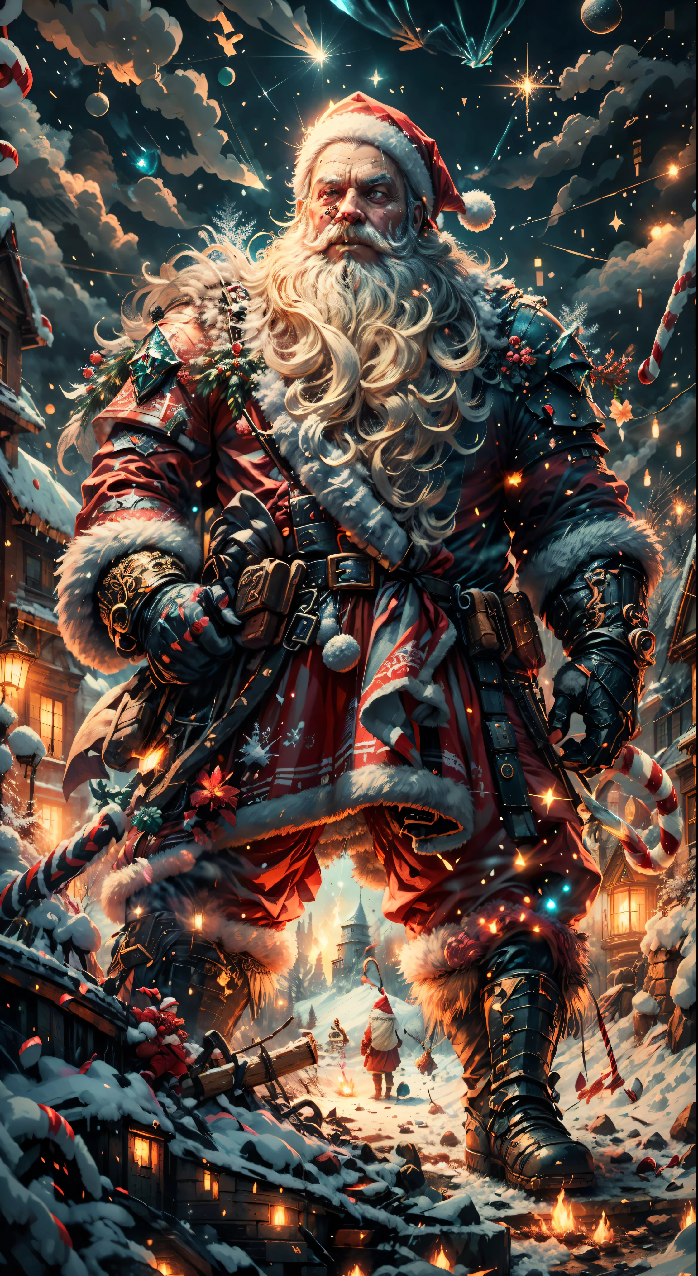 Santa Claus as the boss of the game "Dark Souls" in the Christmas DLC,best quality,4k,8k,highres,masterpiece:1.2,ultra-detailed,realistic:1.37,[HDR],[UHD],[studio lighting],extremely detailed face,beautiful detailed eyes,beautiful detailed lips,long eyelashes,[physically-based rendering],powerful physique,wearing a red and white armor suit with intricate designs,[imposing presence],holding a mighty candy cane [greatsword],surrounded by a snowy landscape,with large icicles hanging from the environment,casting a golden aura,[epic battle scene],intense fire and smoke effects,[vivid colorokeh],blue and white color scheme with hints of gold, dramatic lighting with warm highlights and cool shadows.