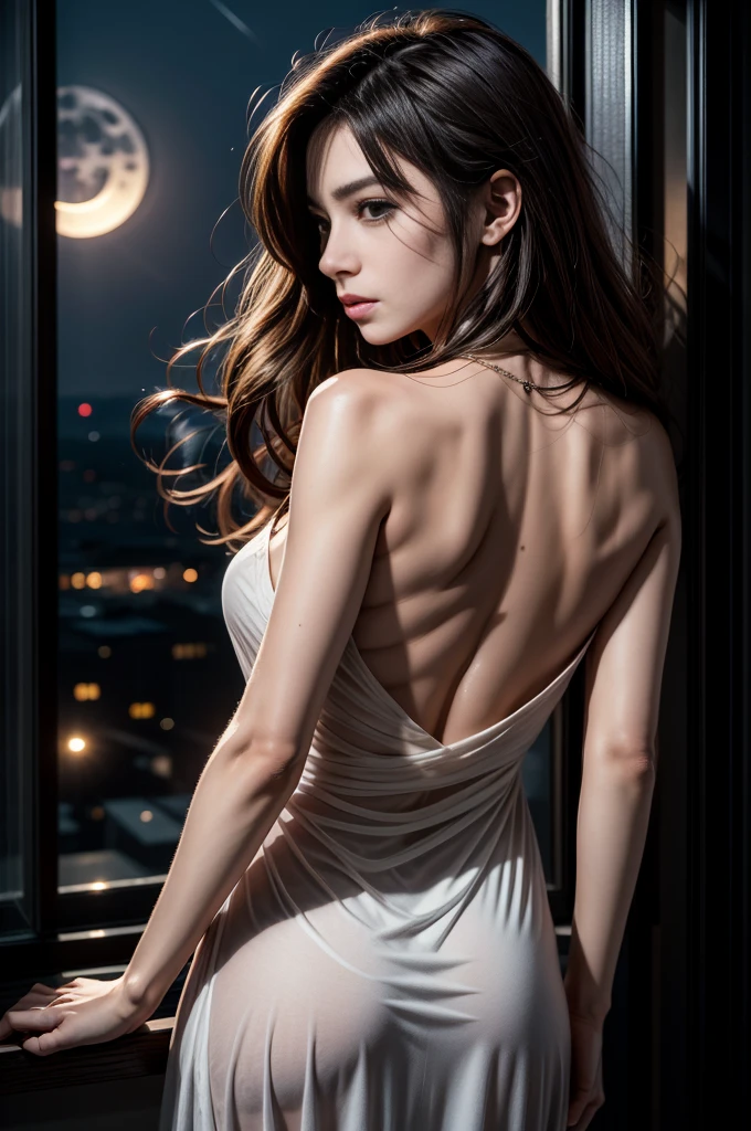 (Photoreal Stick:1.5, masutepiece:1.5, 8K), (top-quality, masterpiece, 超A high resolution), Perfect dynamic composition, Professional camera work:1.4, Highly detailed skin and facial texture:1.3, Mystical portrait:1.3, Grow Light Effect, The ultra-detailliert, 1girl in, ((Night view from inside the building, Pitch black room:0.9, The moonlight at night shines through the glass)), (v neck nightdress), Model body type, Clear face, (Beautiful and seductive eyes:0.8, Enraptured look:0.8, i love you completely:0.8, A mouthfeel that feels beautiful eros:0.7), Dark brown medium hair, the chest is medium, a necklace, (backshots, Beautiful back), ((seductiv))