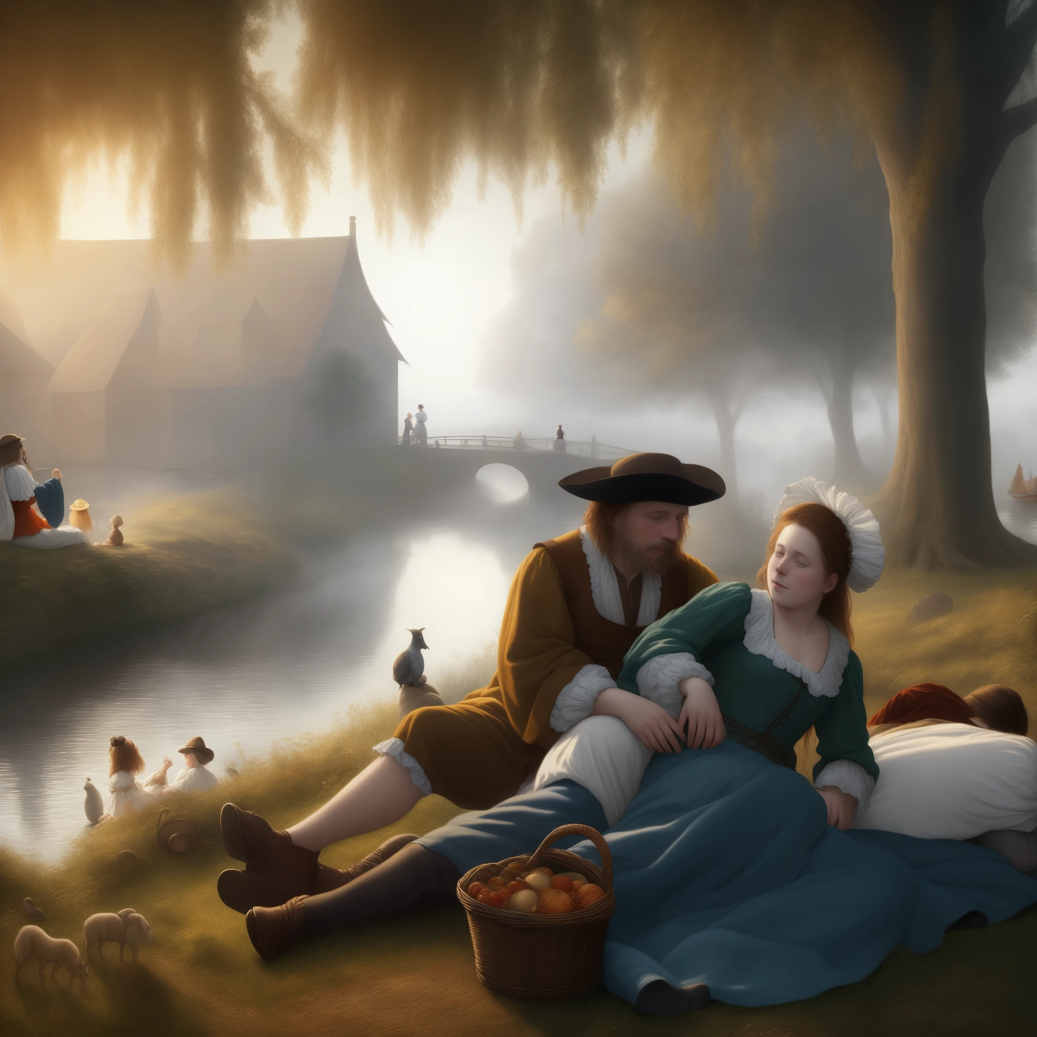 there is a man and woman sitting on a blanket by a river, inspired by Jan Steen, by Eglon van der Neer, inspired by Eglon van der Neer, romantic era painting, realistic fantasy render, beautiful render of a fairytale, beautiful digital artwork, inspired by Bartholomeus Breenbergh, inspired by Terry Redlin, renaissance digital painting