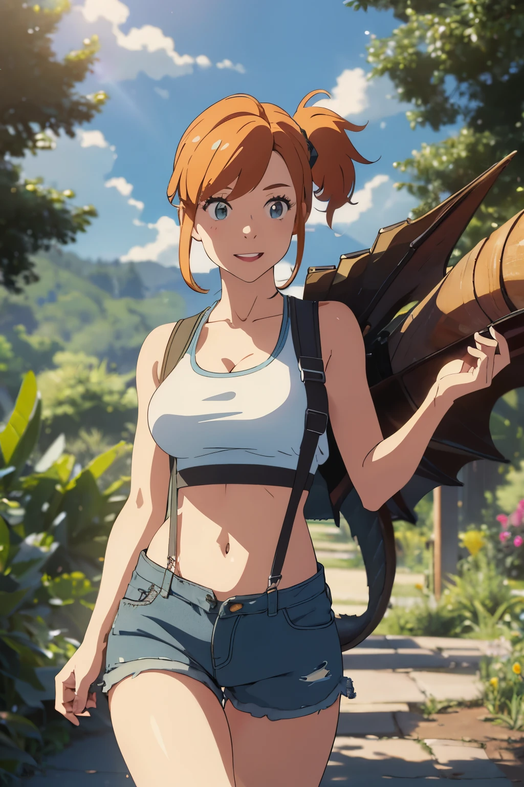 The centerpiece of the image is Misty from Pokémon, standing outdoors with a confident smile. She has orange hair styled in a side ponytail, wearing denim shorts with suspenders, yellow crop top that shows off her midriff and navel. Yellow tank top. Her short hair frames her face, while her cowboy shot posture exudes confidence and strength.

Misty is accompanied by a cute Dragon.

Overall, the image is a masterpiece, with high-quality details and a realistic rendering of Misty, her outfit, and her companion monsterfish. The colors are vivid and eye-catching, and the image is high-resolution, capturing every nuance of Misty's confident and adventurous spirit.