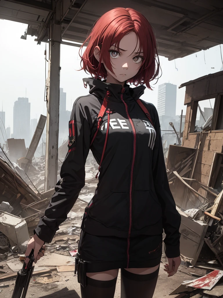 A lonely girl standing, looking at a destructed city, scraps of metals, destroyed vehicles,
BREAK
The girl has short red hair, no bangs as it is showing her forehead, white skinned, black serious eyes, she is hopeless
BREAK
Wearing a black spy outfit, her nails are pointy and are painted black, she looks very cool and serious