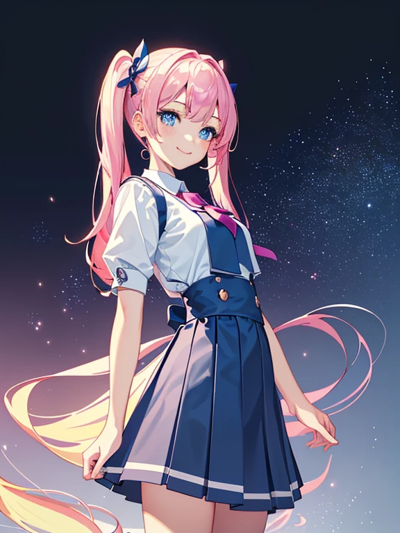 ((​masterpiece、top-quality:1.5、a high chroma:1.5、ultra-detailliert、high-resolution illustrations:1.5、Ultra-high-definition CG、8k size wallpaper、offcial art))、,(highly colorful:1.5),(front view:1.5),(1girl),(pink hair,twintails),(Cute little girl:1.5)、(Shining blue eyes:1.5),(Beautiful face:1.5,Beautiful eyes:1.5)、(close to viewer:1.5),
(seductive smile:1.3)、(school uniform),(medium breasts),(cowboy shot:1.5),(school),colourfull、