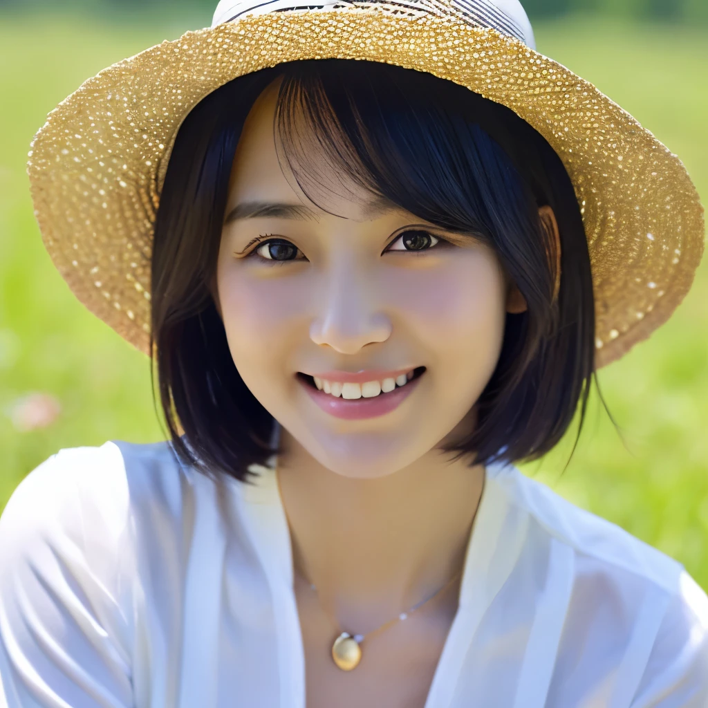 short-hair、bob cuts、A dark-haired、33yo、、gentle natural type、eyes are double deep and small、with round face、A smile、natural grassland and blue sky、夏天、skin is yellowish white、Front view from a distance of 5m、a straw fedora hat、Ao Dai、with depth of field、With HDR processing、Realistic、slightly plump figure、