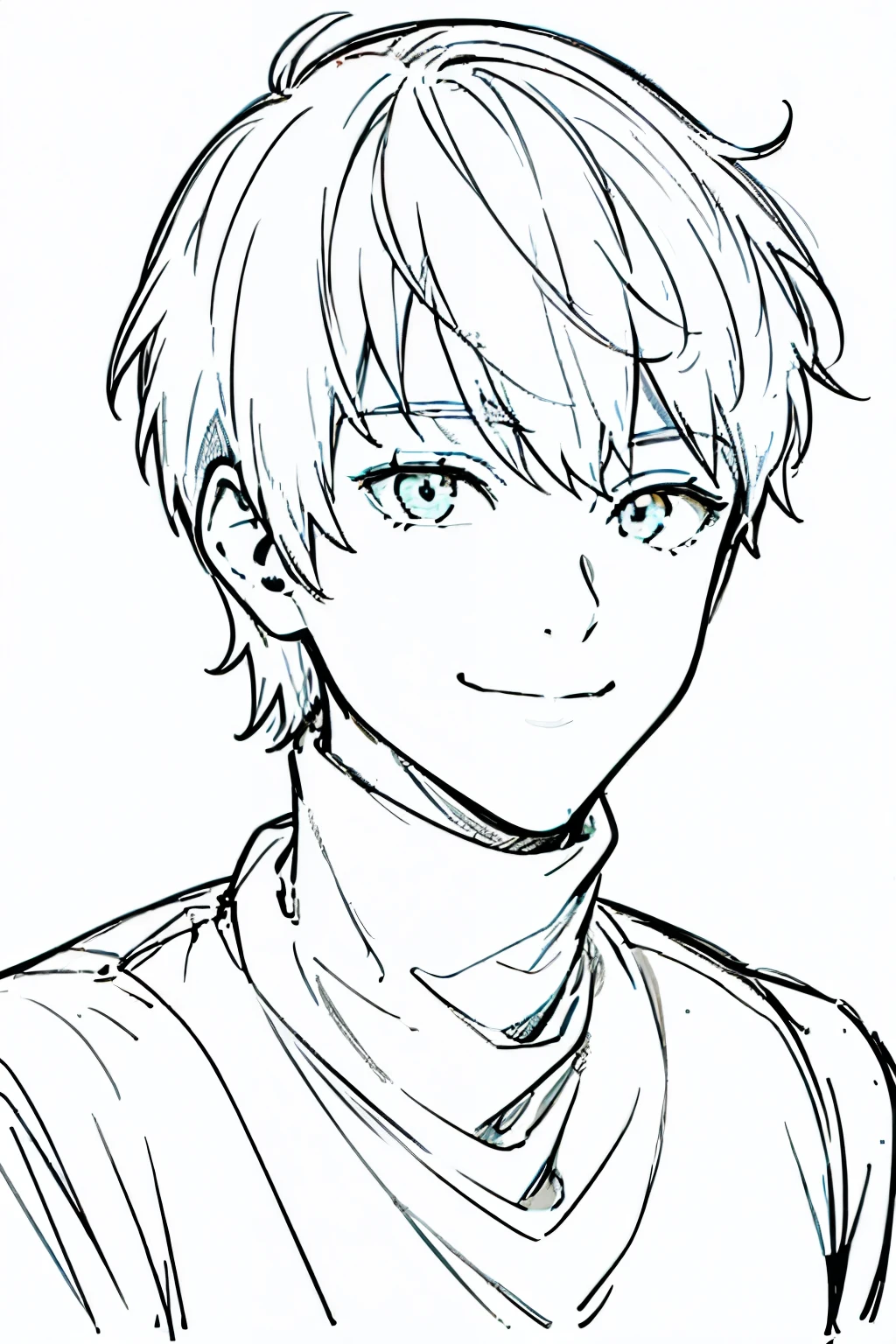 best quality, high resolution, clean background, high contrast, (((1boy:1.1))), line-drawing, sketch, ((tight medium shot))), white background, clean line drawings, (fringe hairstyle), (naughty face), smile face, (((turtleneck:1.1))), (Mashed Hair),