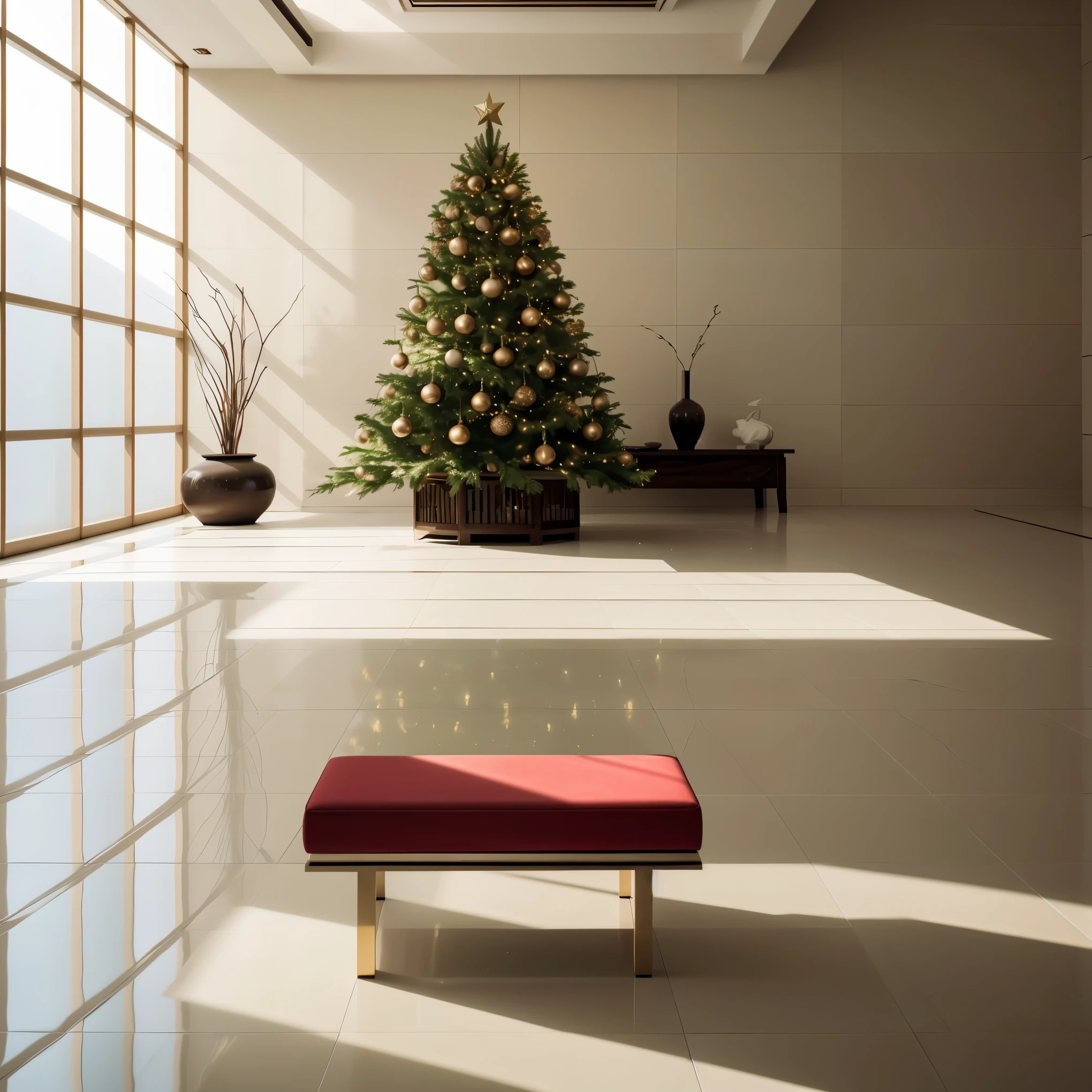 An ultra-detailed, high-resolution (best quality, 4k, 8k, highres, masterpiece:1.2), realistic (realistic, photorealistic, photo-realistic:1.37) artwork with a beautiful scenery and no humans. The scene is set indoors during Christmas time. The focal point of the image is a magnificent Christmas tree adorned with colorful ornaments and twinkling lights. The tree stands tall and grand in the center of the room, surrounded by beautifully patterned tiles that add depth to the image. Behind the tree, there are sliding doors leading to a patio with a glimpse of the outside world. The walls of the room are decorated with festive decorations, and a lush plant sits in one corner, adding a touch of greenery. Natural light streams through a large window, casting a warm and inviting glow on the scene. The air is filled with a sense of anticipation and joy as the room is filled with beautifully wrapped gifts waiting to be opened. The overall color palette is rich and vibrant, with a harmonious blend of red, green, and gold tones. The lighting is carefully crafted to create a cozy atmosphere, with soft shadows adding depth and dimension to the image. This artwork captures the spirit of Christmas and the beauty of the holiday season in a highly detailed and visually stunning way.