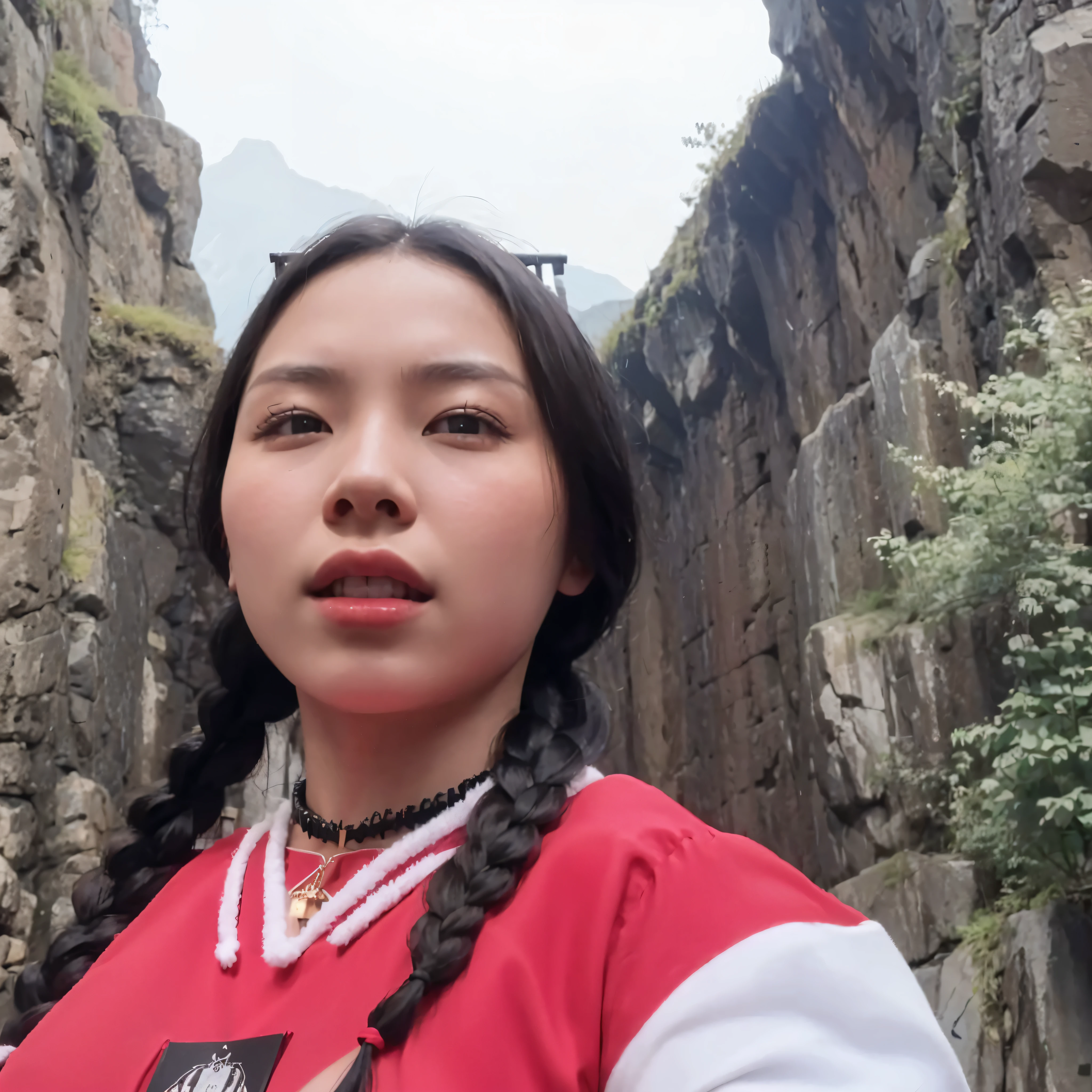 there is a beautiful woman standing in front of a mountain with a long braid, young Korean woman, photo taken in 2 0 2 0, ((big breast :1.6))