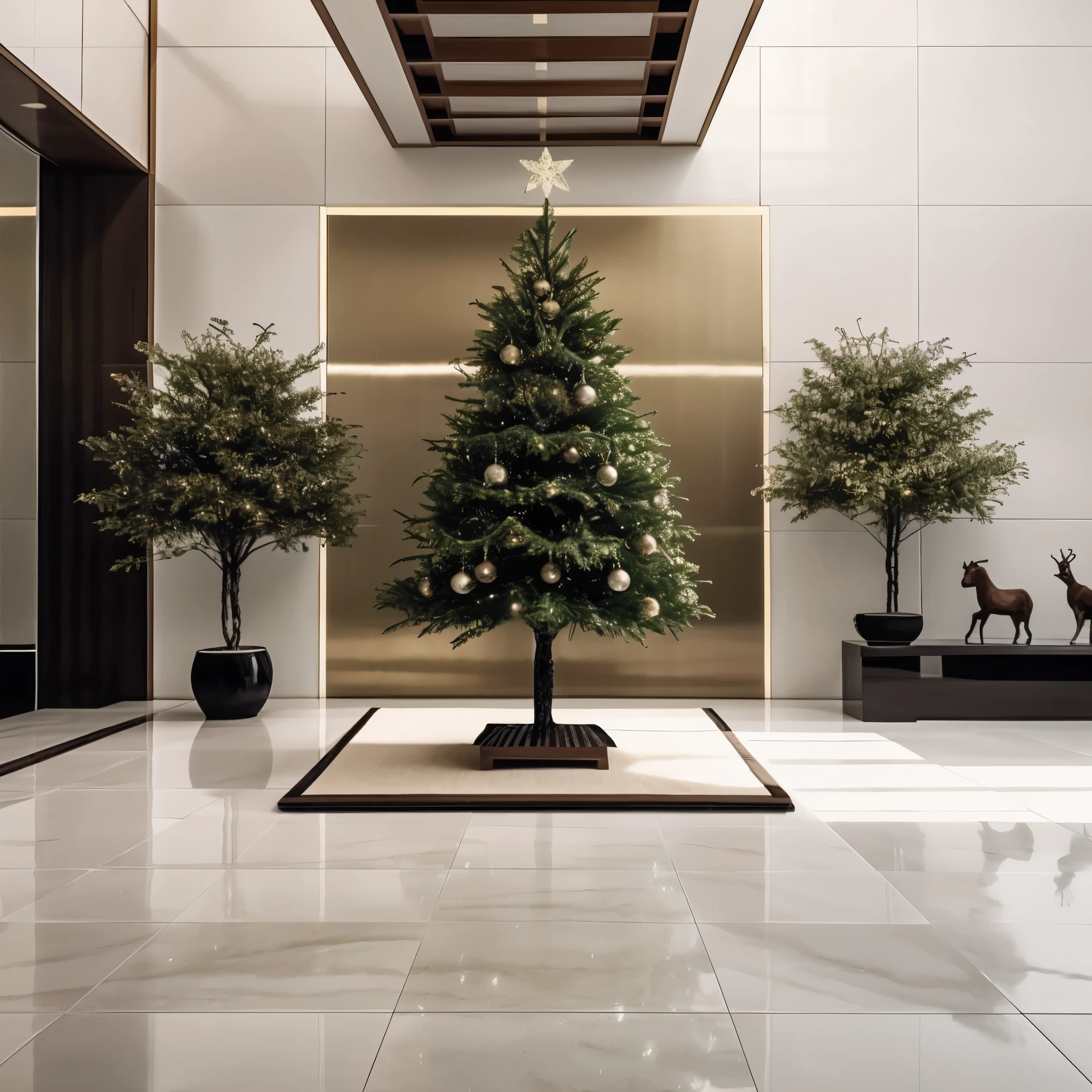 An ultra-detailed, high-resolution (best quality, 4k, 8k, highres, masterpiece:1.2), realistic (realistic, photorealistic, photo-realistic:1.37) artwork with a beautiful scenery and no humans. The scene is set indoors during Christmas time. The focal point of the image is a magnificent Christmas tree adorned with colorful ornaments and twinkling lights. The tree stands tall and grand in the center of the room, surrounded by beautifully patterned tiles that add depth to the image. Behind the tree, there are sliding doors leading to a patio with a glimpse of the outside world. The walls of the room are decorated with festive decorations, and a lush plant sits in one corner, adding a touch of greenery. Natural light streams through a large window, casting a warm and inviting glow on the scene. The air is filled with a sense of anticipation and joy as the room is filled with beautifully wrapped gifts waiting to be opened. The overall color palette is rich and vibrant, with a harmonious blend of red, green, and gold tones. The lighting is carefully crafted to create a cozy atmosphere, with soft shadows adding depth and dimension to the image. This artwork captures the spirit of Christmas and the beauty of the holiday season in a highly detailed and visually stunning way.