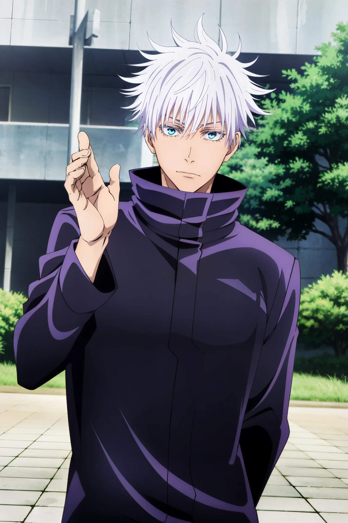 best quality, ultra high res, Gojo Satoru, Jujutsu Kaisen, looking at viewers, standing, white hair, spiked hair, blue eyes, black jacket ,popped collar, outdoors, solo focus, upper body, stylish_pose, hand jutsu