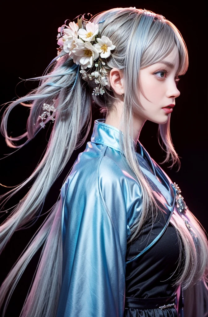Beautiful model walking on the catwalk,Perform modeling steps。Wear Ming Dynasty Hanfu,玫瑰色long skirt,Princess dress,Gorgeous retro palace style dress,long skirt,long skirt,Large hem,long skirt的下摆接近地板,款式是汉服时装周Advanced customization连衣裙,Advanced customization,Private customization,Fashion show model,big show,Tulle accessories on skirt。He wears a necklace around his neck,Short hair details,Hair coiled up,head gear,largeeyes,Very beautiful and moving,((There was only one female model on the catwalk)),Men and women make up a large portion,The runway is covered with flowerackground covered with floweremale model with smile on face,The stands up,The posture is elegant and dignified,Realistic photo images,8K, hyper HD, tmasterpiece, acurate, ctextured skin, high detal, Best quality at best, Award-Awarded,Shoot from a distance,Sense of distance