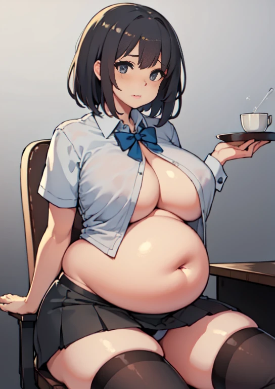 (masterpiece, best quality), 1girls, big belly, blurry background, huge belly, art by kipteitei, round belly, chubby, curvy, white button-up shirt, skirt, thighhighs, simple_background, gradient_background, belly bursting out of shirt, belly grab, enormous belly, fat belly, thicc, bigger belly, sitting on chair, really big belly, jiggly belly, shirt covering belly, belly cover by shirt