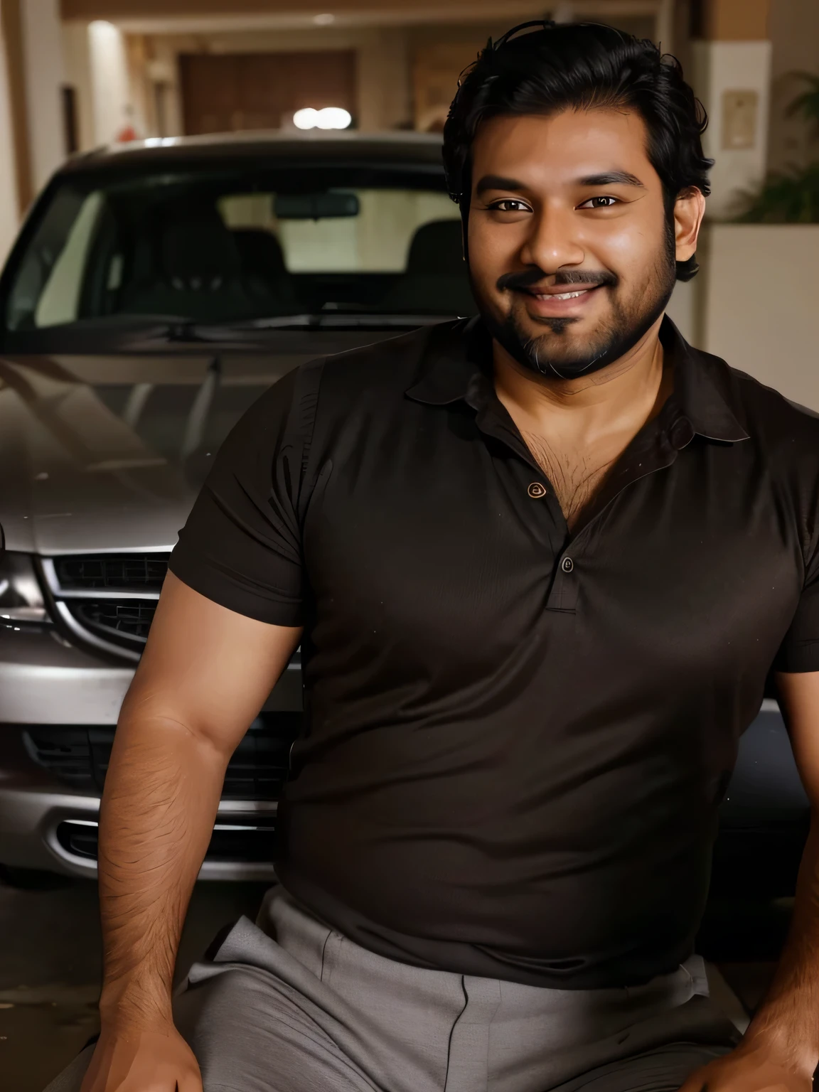 (hyper-realistic, low quality), (indian, man, medium build, fat, brown eyes),(light smile, stubble beard, messy black hair, swept back hair), fashionable shirt, full sleeves, open collar, cotton trousers, candid photo, facing sideways, full body photograph, car