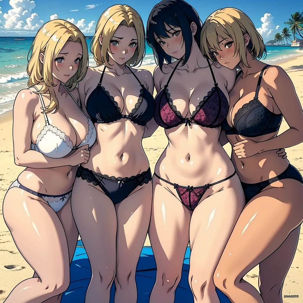 multiple thick body females hugging one male character at the beach, all females wearing short skirt panties exposed, all females wearing lace pattern bra and panties, lying on a big beach towell