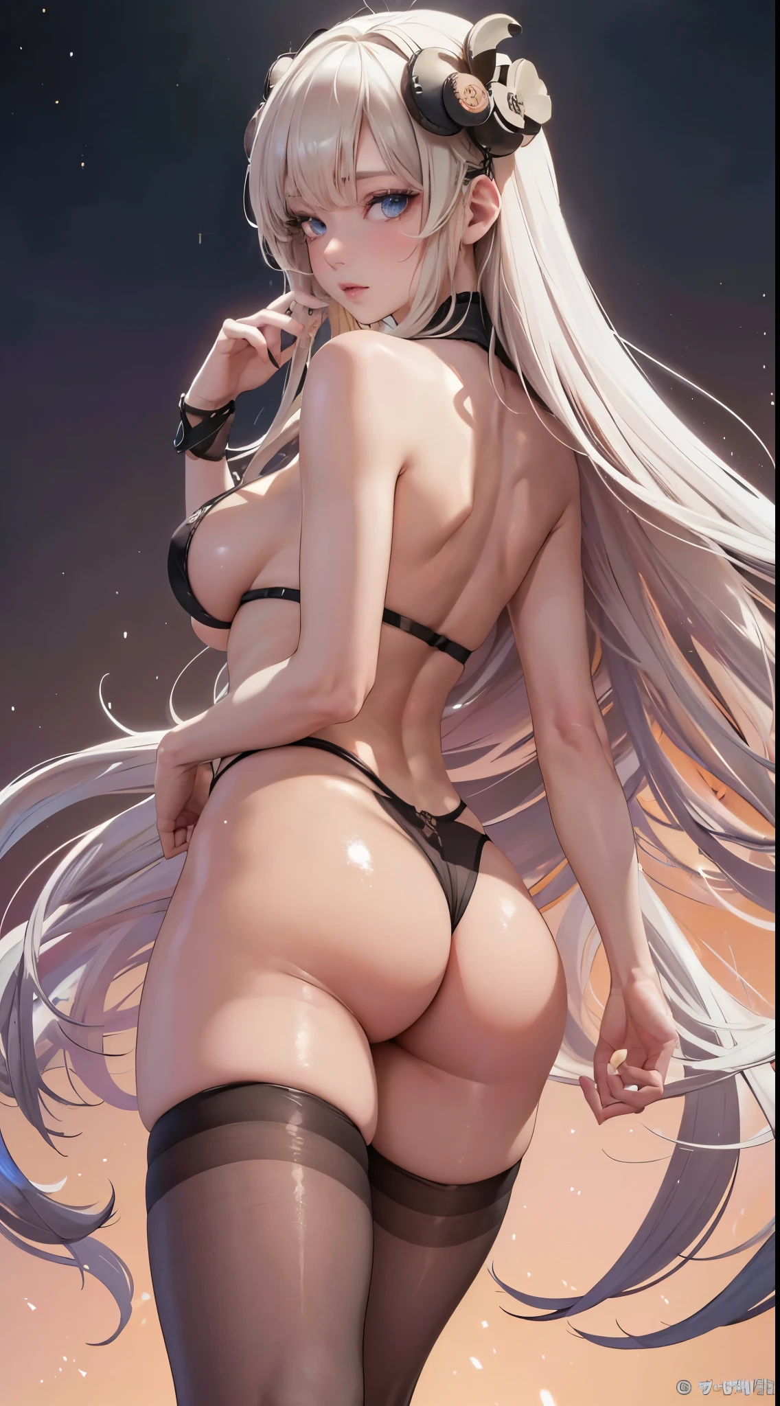 (8K, 4K, Best Quality, High resolution: 1.2), (Masteristic, Realistic, Photoreal: 1.4), 1 girl, Solo, Beautiful face, Glossy lips, (Fine eyes, Beholder, Fair skin, White skin: 1.5), fine complexion, full bodyesbian,, Big, Big, ridiculously long hair, a blond,, Bangs, Hair ornaments, the bow, with two sides up,, 年轻, White T-back、s ass、back-view、s assに食い込むTバック、she only wears thongs、Beauty in return、大きなs ass、Long tights、huge tit、H-cup、Exposed nipples