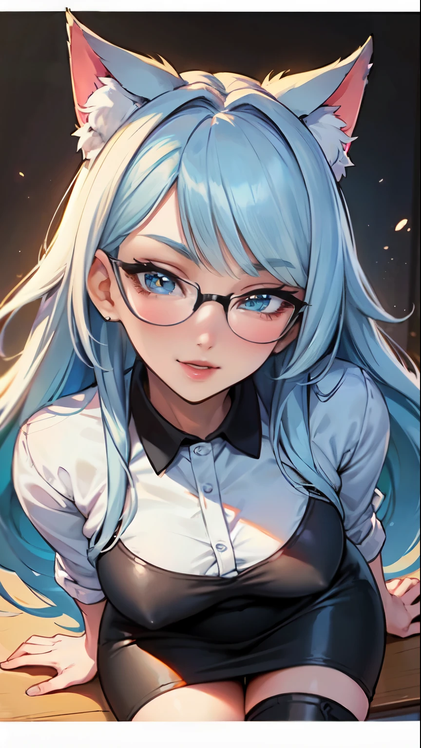 Masterpiece, beautiful art, professional artist, 8k, art style by sciamano240, very detailed face, detailed hair, detailed clothes, detailed fabric, 1girl, perfectly drawn body, beautiful face, long hair, light blue hair , very detailed blue cat eyes, big smile, wearing teacher clothes, black thigh boots, black pencil skirt, glasses, pouty lips , rosey cheeks, school setting, detailed background, blackboard, model headshot , zoom in face, show details in eyes, upclose view, looking at viewer,
