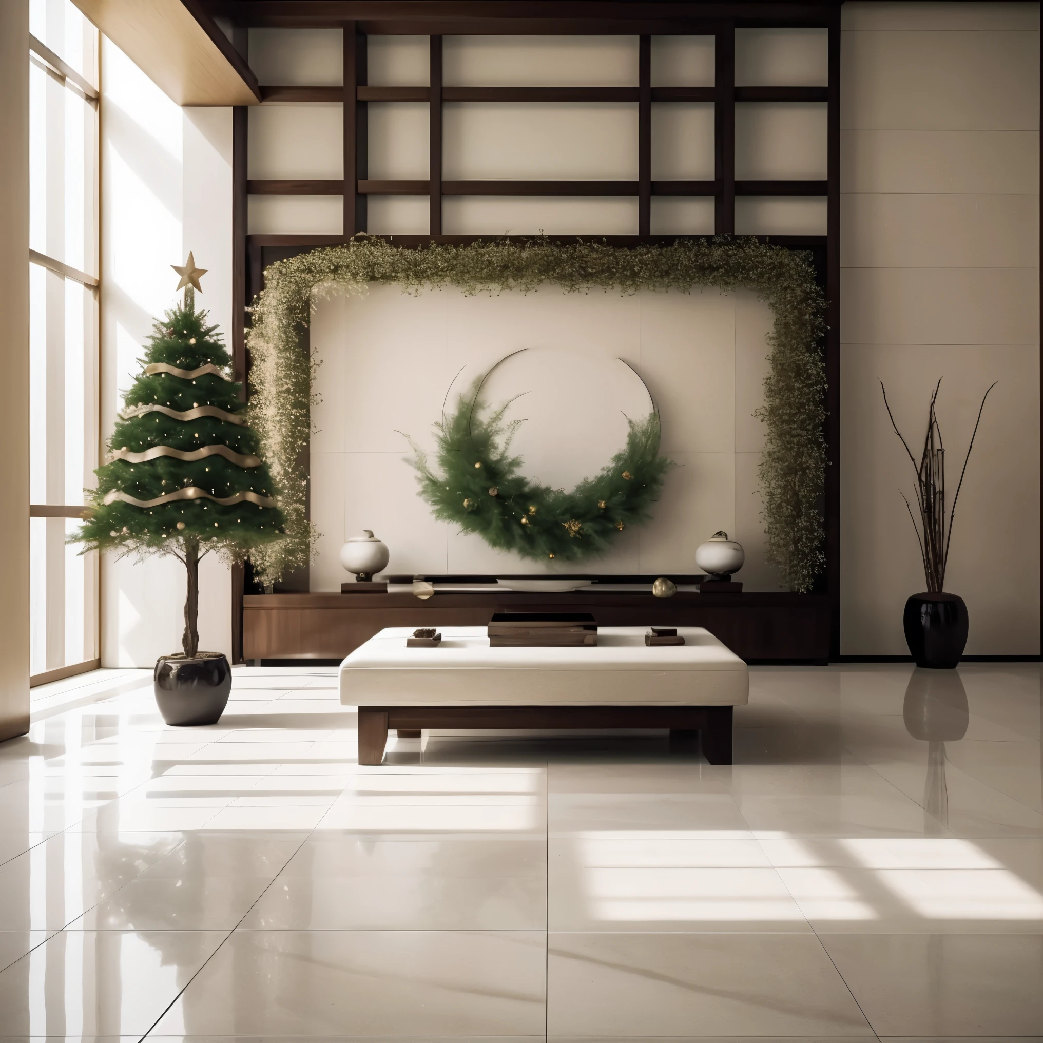 An ultra-detailed, high-resolution (best quality, 4k, 8k, highres, masterpiece:1.2), realistic (realistic, photorealistic, photo-realistic:1.37) artwork with a beautiful scenery and no humans. The scene is set indoors during Christmas time. The focal point of the image is a magnificent Christmas tree adorned with colorful ornaments and twinkling lights. The tree stands tall and grand in the center of the room, surrounded by beautifully patterned tiles that add depth to the image. Behind the tree, there are sliding doors leading to a patio with a glimpse of the outside world. The walls of the room are decorated with festive decorations, and a lush plant sits in one corner, adding a touch of greenery. Natural light streams through a large window, casting a warm and inviting glow on the scene. The air is filled with a sense of anticipation and joy as the room is filled with beautifully wrapped gifts waiting to be opened. The overall color palette is rich and vibrant, with a harmonious blend of red, green, and gold tones. The lighting is carefully crafted to create a cozy atmosphere, with soft shadows adding depth and dimension to the image. This artwork captures the spirit of Christmas and the beauty of the holiday season in a highly detailed and visually stunning way.