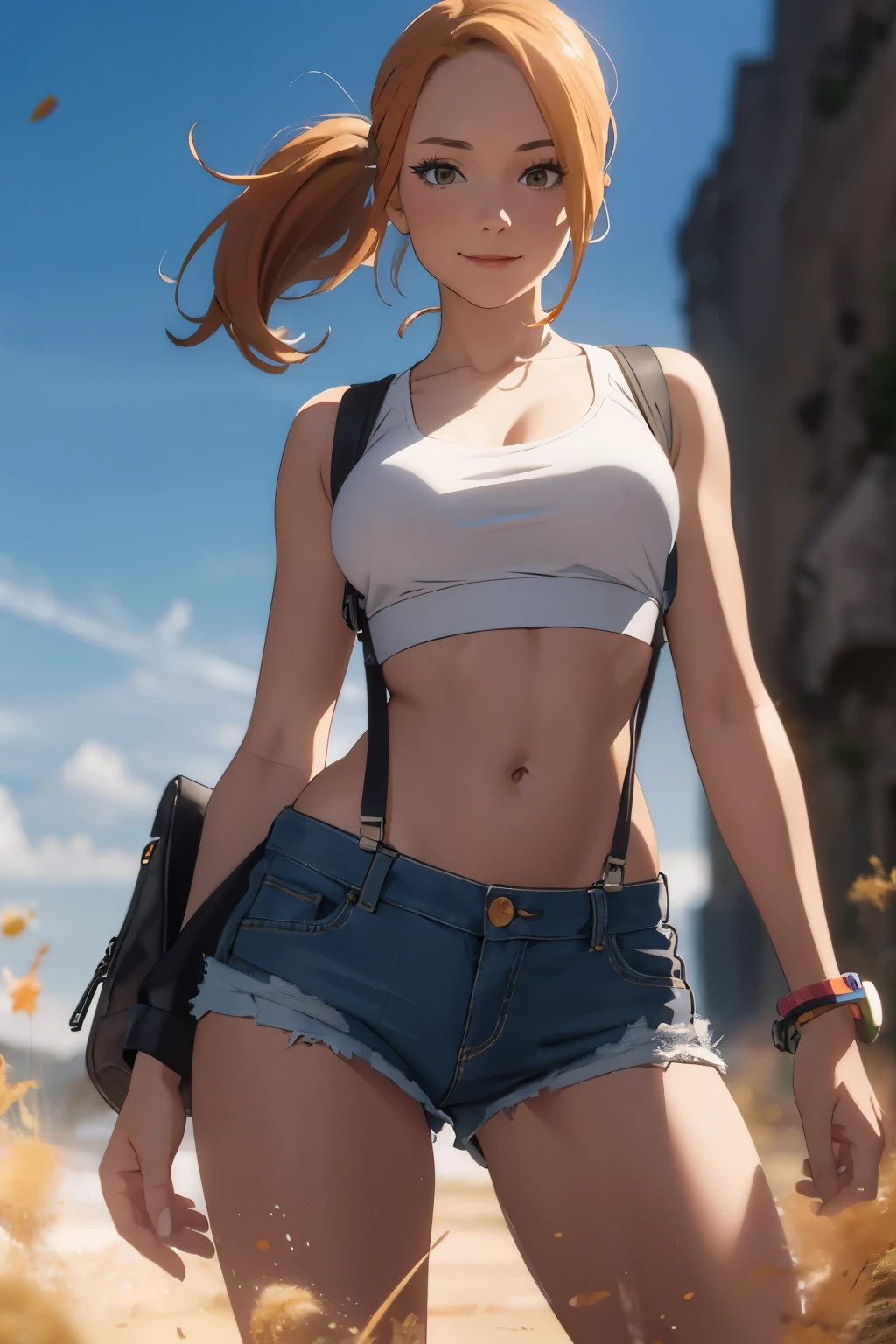 (realistic:1.2), (realism), (masterpiece:1.2), (best quality), (ultra detailed), (8k, 4k, intricate),(full-body-shot:1),(Cowboy-shot:1.2), (85mm),light particles, lighting, (highly detailed:1.2),(detailed face:1.2), (gradients), (detailed background),detailed landscape, (full body portrait:1.2), (dynamic pose:1.2), (rule of third_composition:1.3), (Line of action:1.2), wide shot, solo, daylight, Aunt Cass,1girl, alone, evil smirk, big breasts, sexy pose, looking at viewer, (jacket, crop-top, shorts:1.2),