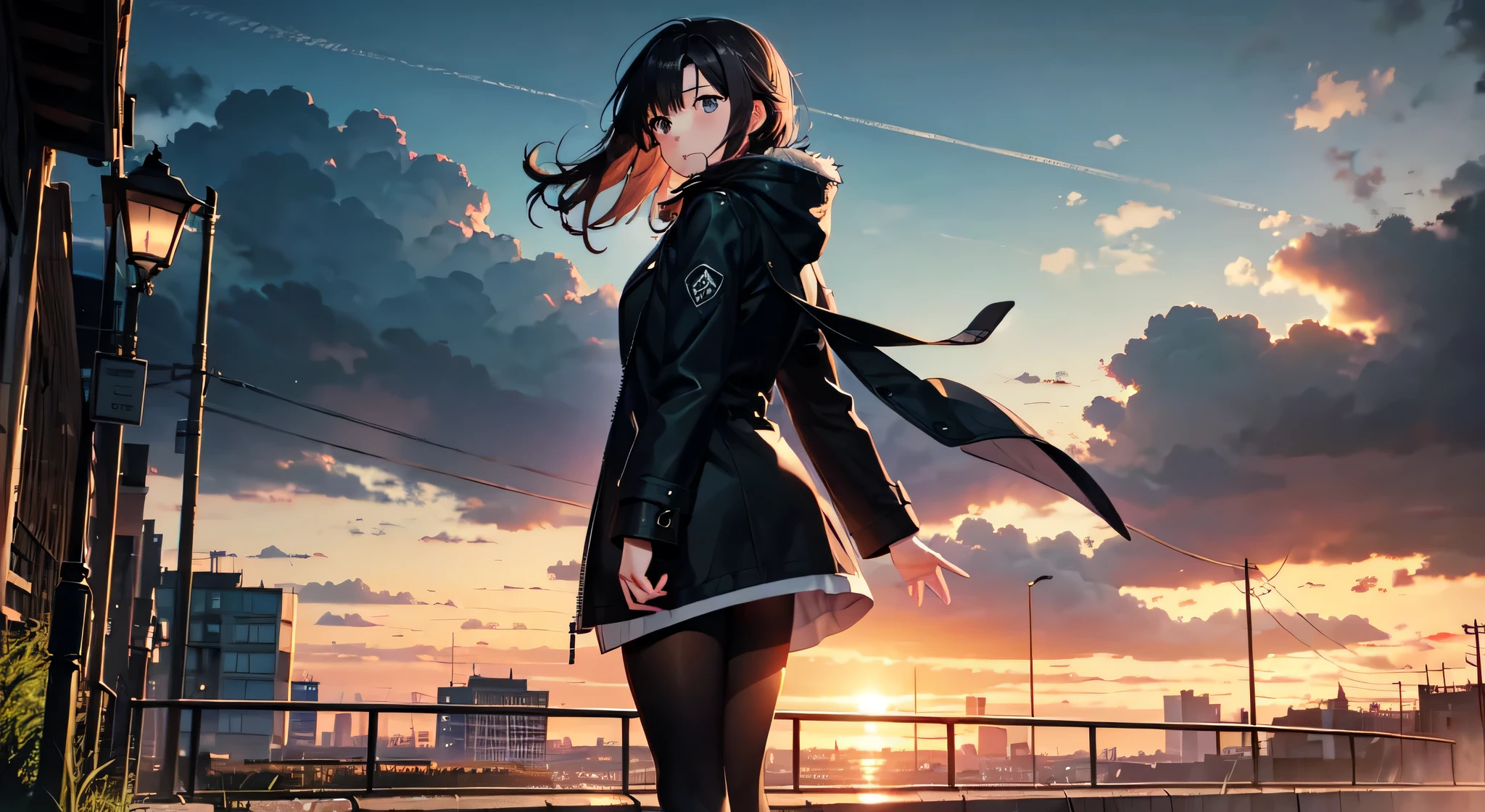 1girls, lange braune Haare, green eyes, He wears a black coat, graue Leggings, schwarze Stiefel, Stadt, Sommerabend, Regnet, im Stil von Makoto Shinkai, hight resolution, ultrascharf, 8K, Meisterwerk, Blick auf den Betrachter