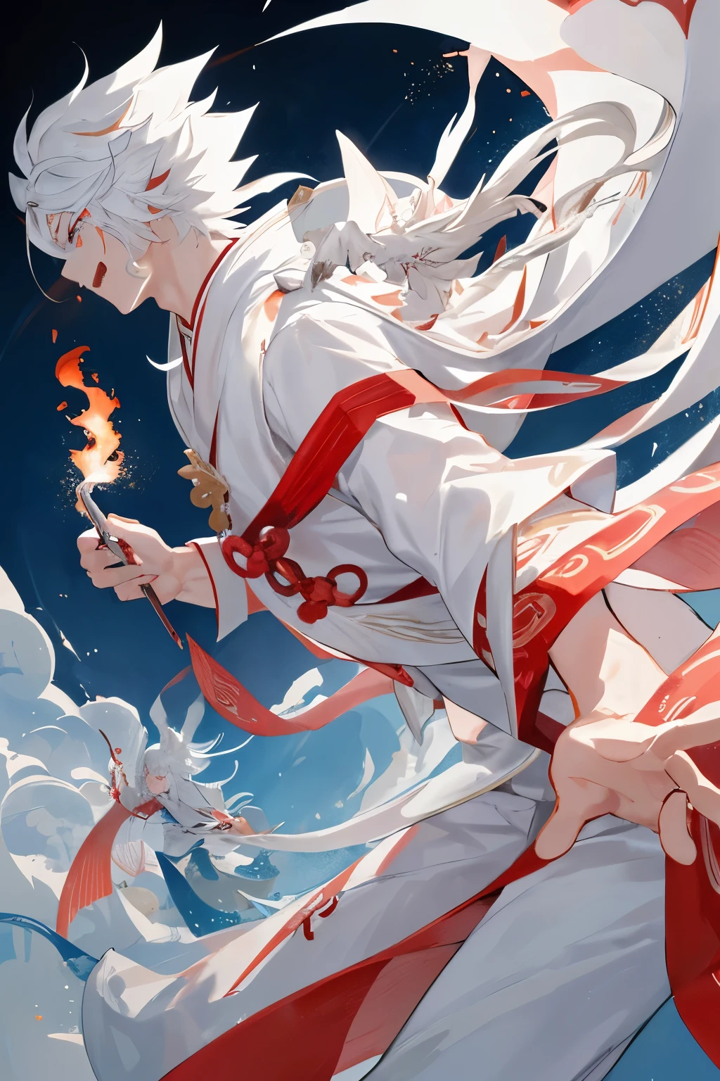 动态照明，art  stations，poster for，Volumetriclighting，Very detailed faces，4k wallpapers，Award-Awarded，(((1boys)))，long hair flowing，Dynamic perspective，white hanfu，White gauze flying，red waistband，Tradition Chinese Ink Painting，Surrounded by clouds，Ride a white dragon，faucet，White dragon horn，dynamic viewing angle，电影灯光，