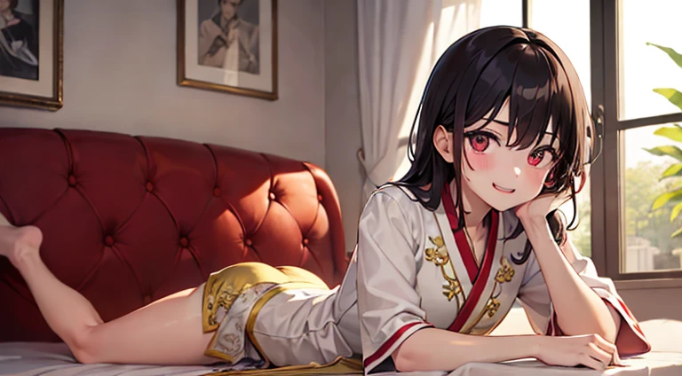 ((masterpiece))、(((最hightquality)))、(hightquality、Breathtaking)、(expressive eyes、face perfect)、1 boy、独奏、male people、Curta、年轻、A 、Curta白髪、red eyes、a smile、Shirt Long、Small underwear in black、in the livingroom、Sitting on a beige sofa、looking at the viewers、buttocks focus、red blush、Unparalleled beauty,face perfect、、(male people二人、male peopleだけ,),Perfect Eye、Golden Eyes、、Lying in bed、Traditional costumesに身を包んだ、Traditional costumes、、、ファッションmodeled、actor、modeled、brand costume、Gold decoration、挑発的なa smile、well-muscled、,