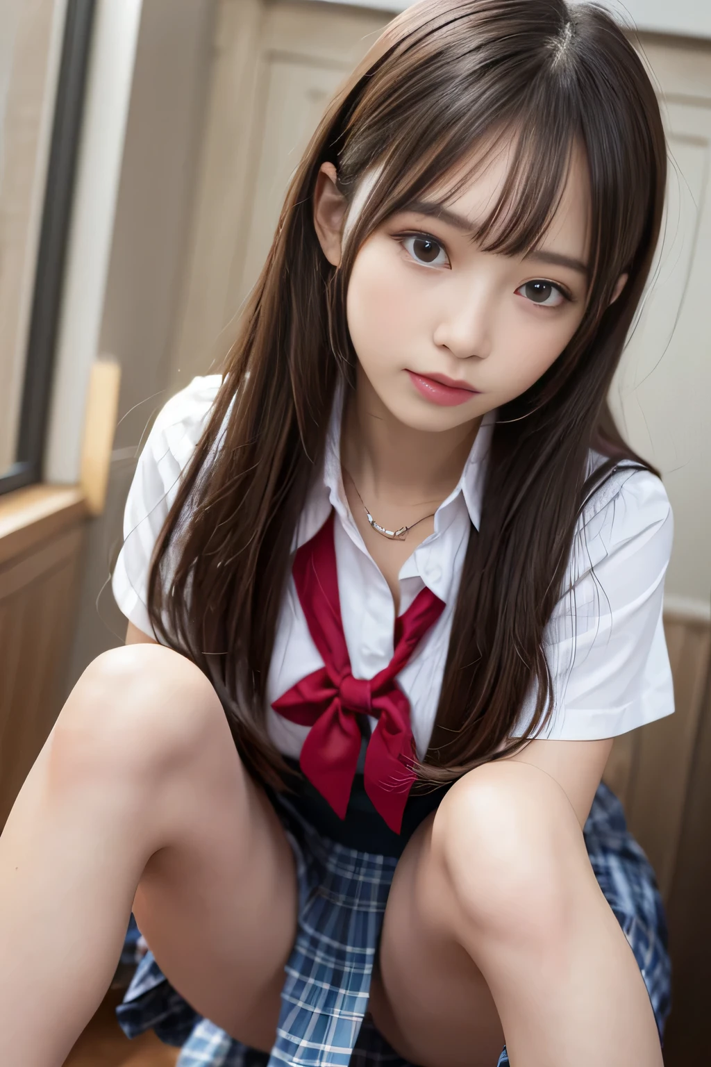 masutepiece, Best Quality, One girl, (Beautiful Girl:1.3), (:1.2), Very fine eye definition, (Symmetrical eyes:1.3), (NSFW), (Crouch down, School uniform, Cute skirt:1.3), Beautiful breasts, Brown eyes, Parted bangs, dark brown hair, Upper teeth
