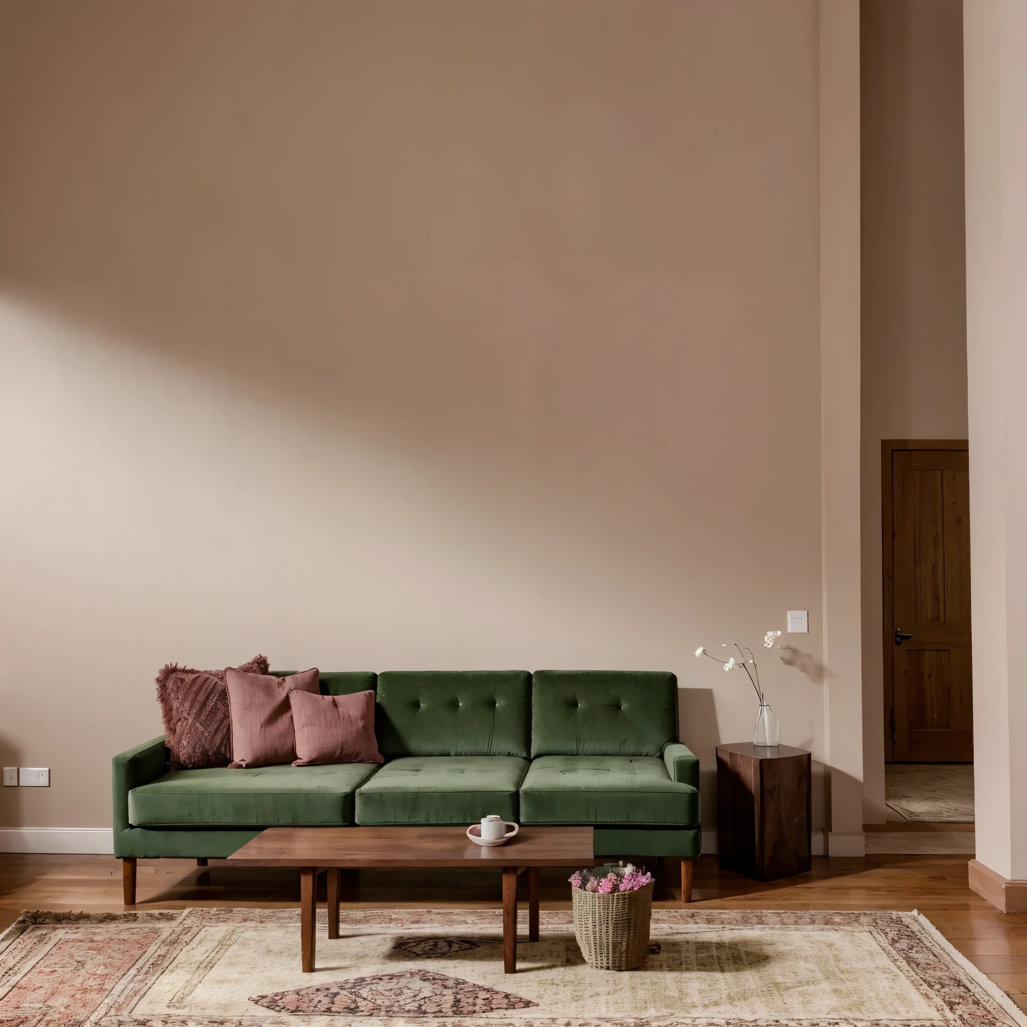 Dusty rose sofa. Wooden dining table. Matte green walls. Dusty rose carpet.