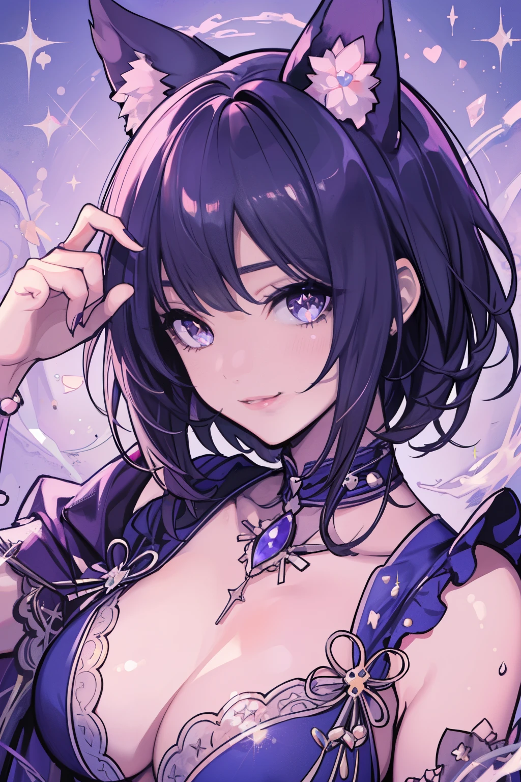 Cute girl with cat ears, Short Bob Hair, A dark-haired, sparkly eyes, False lashes, Glossy lips, A smile, large full breasts, Cute casual outfit, Thumb and four fingers, Anatomically correct fingers, detail portrayal, Lustrous skin,