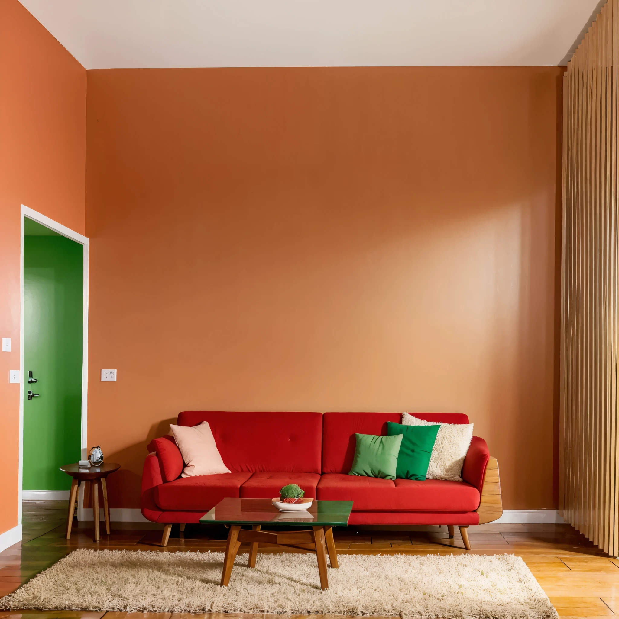 Pastel red sofa. Wooden dining table. Pastel green walls. Pastel red carpet.