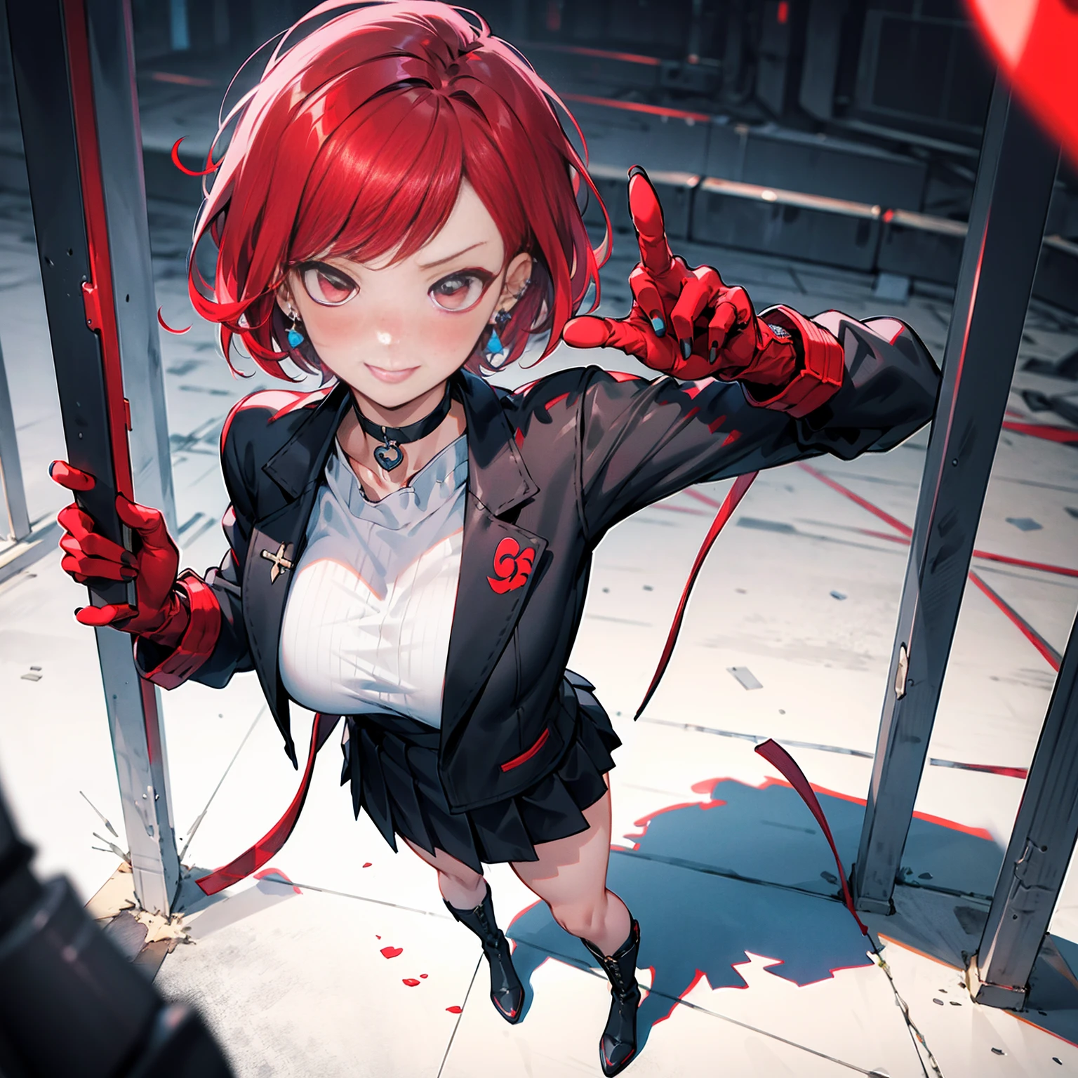 in the art style of persona 5, smal breast, delinquent, (sukeban), mature_female, blush, mature, older woman, 25 years old, Sukeban teacher outfit, (1girl, solo female, solo, solo focus)++++, choker, sukeban school teacher, sukeban school fighter, long_sleeves, open jacket, blue jacket, jean, light skin tone female, full body, jacket, biker jacket, tape, arm_support, gloves, red_gloves, bridal gauntlets, nail polish, boots, hioots, black_footwear, fighter outfit, full body, hourglass, mature face, cheeky smile, cheeky face, wrinkles, (red hair, short hair, bob cut, earrings, ear piercings), red eyeighting art, Martial arts, standing, fighting_stance, fight, fighting), extra colors, 2D, megapixel, perfectionism, accent lighting, full HD , (Masterpiece:1.2), (full-body-shot:1),(cowboy shot:1.2), (Highly detailed:1.2),(Detailed Face:1.2), Colorful, A detailed eye, (Detailed landscape:1.2), (natural lighting:1.2), ((sukeban school teacher)) by Vincent Di Fate: Aidyllery, Anamorphic Shot, rule of thirds, face by Artgerm and WLOP,