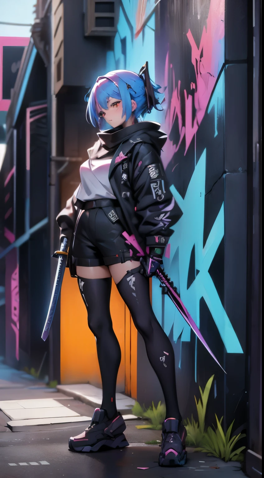 anime character with sword standing in front of graffiti covered wall, wall background in spray paint, from arknights, style anime, anime style, girls frontline style, kanliu666, anime styled, anime stile, guweiz, arknights, anime style 4 k, cyberpunk anime girl, from girls frontline, wearing japanese techwear, anime artstyle, anime character,