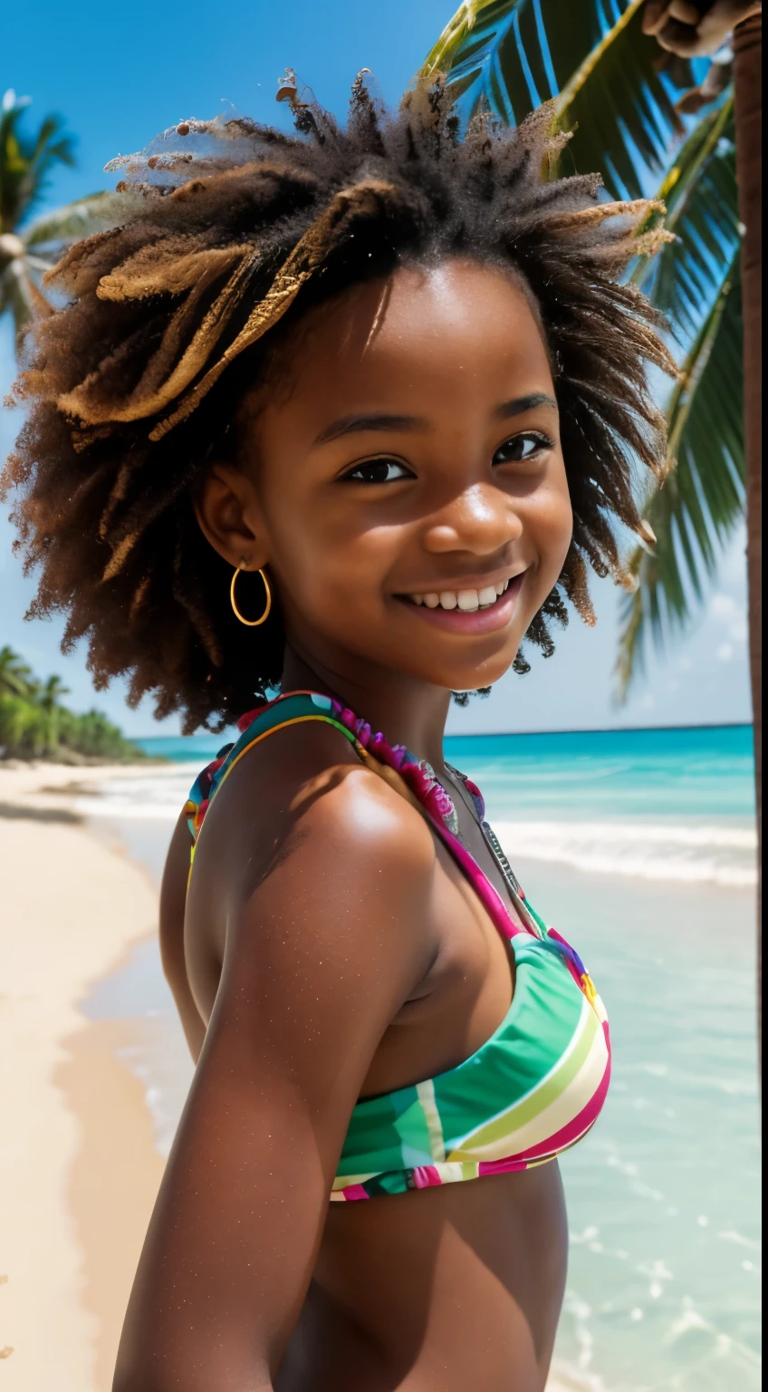 (best quality, ultra-detailed, highres, photorealistic:1.2), HDR, African girl, 10 years old, bikini, vibrant colors, natural sunlight, beautiful detailed face, curly hair, innocent smile, happy and confident expression, beach background, crystal clear water, tropical palm trees, sand, vibrant swimsuit, ethnic accessories, seashells, sun-kissed skin, joyful vibe, summer vacation, exotic location, professional photography, vivid details, perfect composition