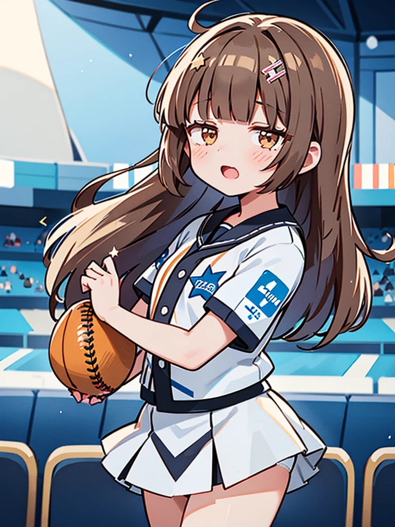 1girl, (solo), mini skirt, (white dot panties),
((Blunt bangs)), brown hair, brown eyes, long straight hair, ((silver-star-hairpin on her right bang)), blue baseball uniform, Left Wing Seats at the baseball stadium, with flag, cheering, full house, shouting, grinps,
masutepiece, ultra-detailliert, best quality,