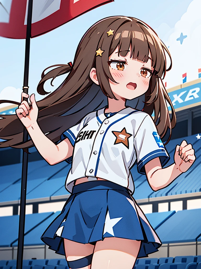 1girl, (solo), mini skirt, (white dot panties),
((Blunt bangs)), brown hair, brown eyes, long straight hair, ((silver-star-hairpin on her right bang)), blue baseball uniform, Left Wing Seats at the baseball stadium, with flag, cheering, full house, shouting, grinps,
masutepiece, ultra-detailliert, best quality,