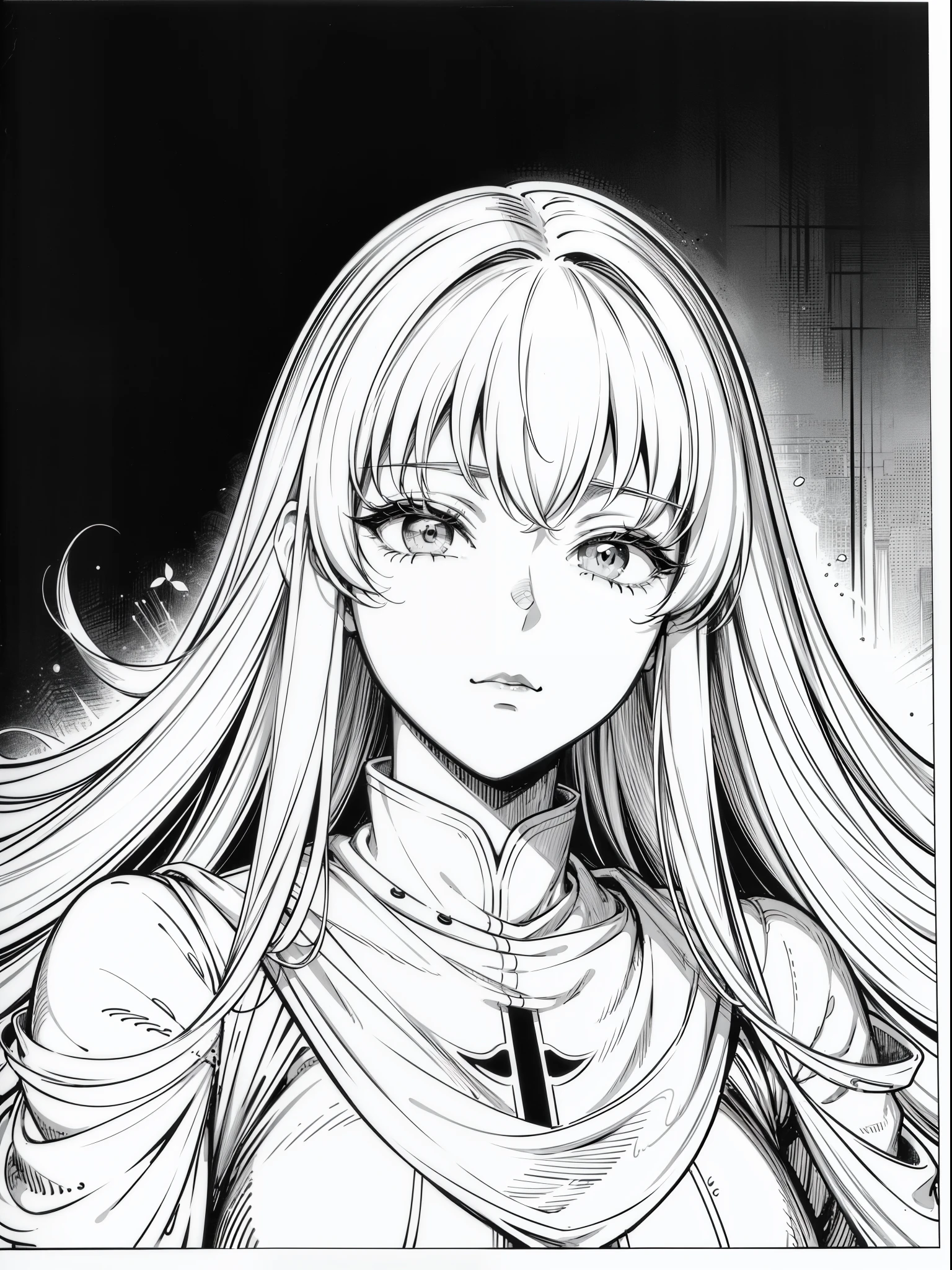 {8k image}, 1girl (solo), casca (Berserk), extremely big hair, blindfold, covered eyes, {face portrait}, front pic, just face photo, manga art style, lineart, manga lineart, no background, black and white, monochrome