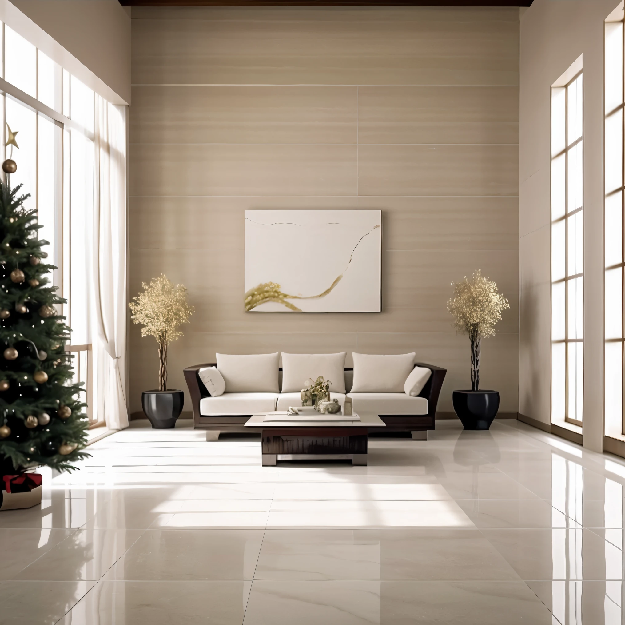 An ultra-detailed, high-resolution (best quality, 4k, 8k, highres, masterpiece:1.2), realistic (realistic, photorealistic, photo-realistic:1.37) artwork with a beautiful scenery and no humans. The scene is set indoors during Christmas time. The focal point of the image is a magnificent Christmas tree adorned with colorful ornaments and twinkling lights. The tree stands tall and grand in the center of the room, surrounded by beautifully patterned tiles that add depth to the image. Behind the tree, there are sliding doors leading to a patio with a glimpse of the outside world. The walls of the room are decorated with festive decorations, and a lush plant sits in one corner, adding a touch of greenery. Natural light streams through a large window, casting a warm and inviting glow on the scene. The air is filled with a sense of anticipation and joy as the room is filled with beautifully wrapped gifts waiting to be opened. The overall color palette is rich and vibrant, with a harmonious blend of red, green, and gold tones. The lighting is carefully crafted to create a cozy atmosphere, with soft shadows adding depth and dimension to the image. This artwork captures the spirit of Christmas and the beauty of the holiday season in a highly detailed and visually stunning way.
