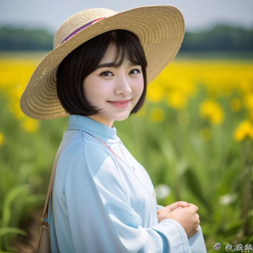 short-hair、bob cuts、A dark-haired、35 year old、、Have children、gentle natural type、Eyes are single and small、wtomeh round face、A smile、natural grassland and blue sky、夏天、skin is yellowish whtomee、Front view from a distance of 5m、a straw fedora hat、Ao Dai、wtomeh depth of field、Wtomeh HDR processing、Realistic、slightly plump figure、a normal face, tome'Not beautiful、oguchi、Face is large、Nose low、Full-body figure