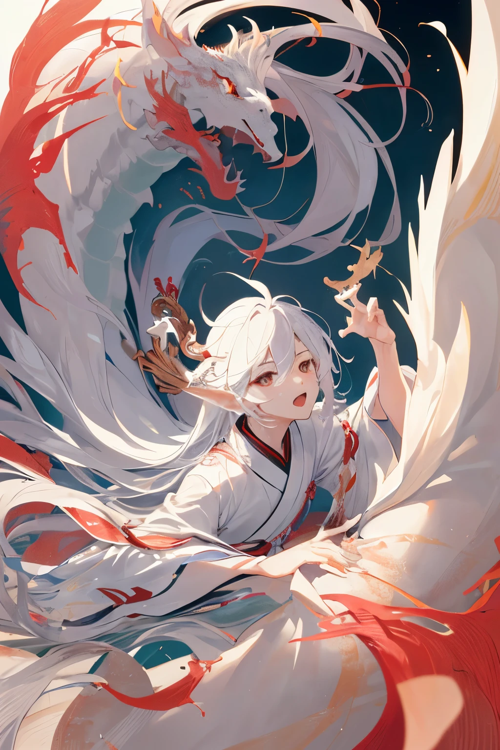 UHD, anatomically correct, highres，动态照明，art  stations，poster for，Volumetriclighting，Very detailed faces，4k wallpapers，Award-Awarded，(((1boys)))，long hair flowing，Dynamic perspective，white hanfu，White gauze flying，red waistband，Tradition Chinese Ink Painting，Surrounded by clouds，Ride a white dragon，faucet，White dragon horn，dynamic viewing angle，电影灯光，