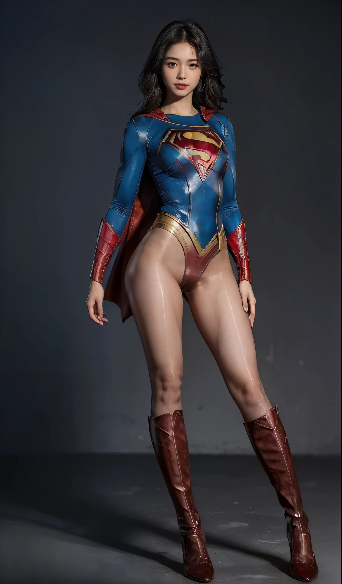 No background、Are sleeping、lying back on、(((Wear black tights on your beautiful legs.)))、(((Grow legs、tall、Legally express the beauty of your smile)))、((((Make the most of the original image)))、(((Supergirl Costume)))、(((beautiful hairl)))、(((Suffering)))、(((Feet must necessarily be worn with black tights)))、(((You need to wear red boots)))、((Top image quality、8K))、((top-quality、8K、​masterpiece:1.3))、(((Keep Background )))、Crisp focus:1.2、Beautiful woman with perfect body shape:1.4、Slender Abs:1.2、a wet body:1.5、Highly detailed facial and skin texture、8K