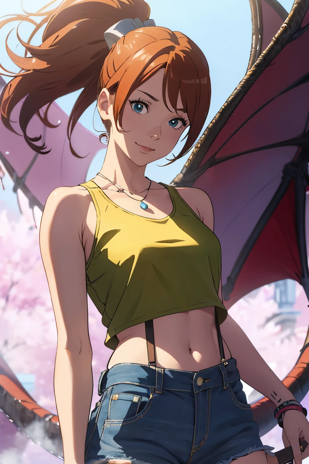 The centerpiece of the image is Misty from Pokémon, standing outdoors with a confident smile. Orange hair styled in a side ponytail, wearing denim shorts with suspenders, yellow crop top that shows off her midriff and navel. Yellow tank top. Cowboy shot posture exudes confidence and strength.
Misty is accompanied by a cute Dragon.
Overall, the image is a masterpiece, with high-quality details and a realistic rendering of Misty, her outfit, and her companion dragon. The colors are vivid and eye-catching, and the image is high-resolution, capturing every nuance of Misty's confident and adventurous spirit.