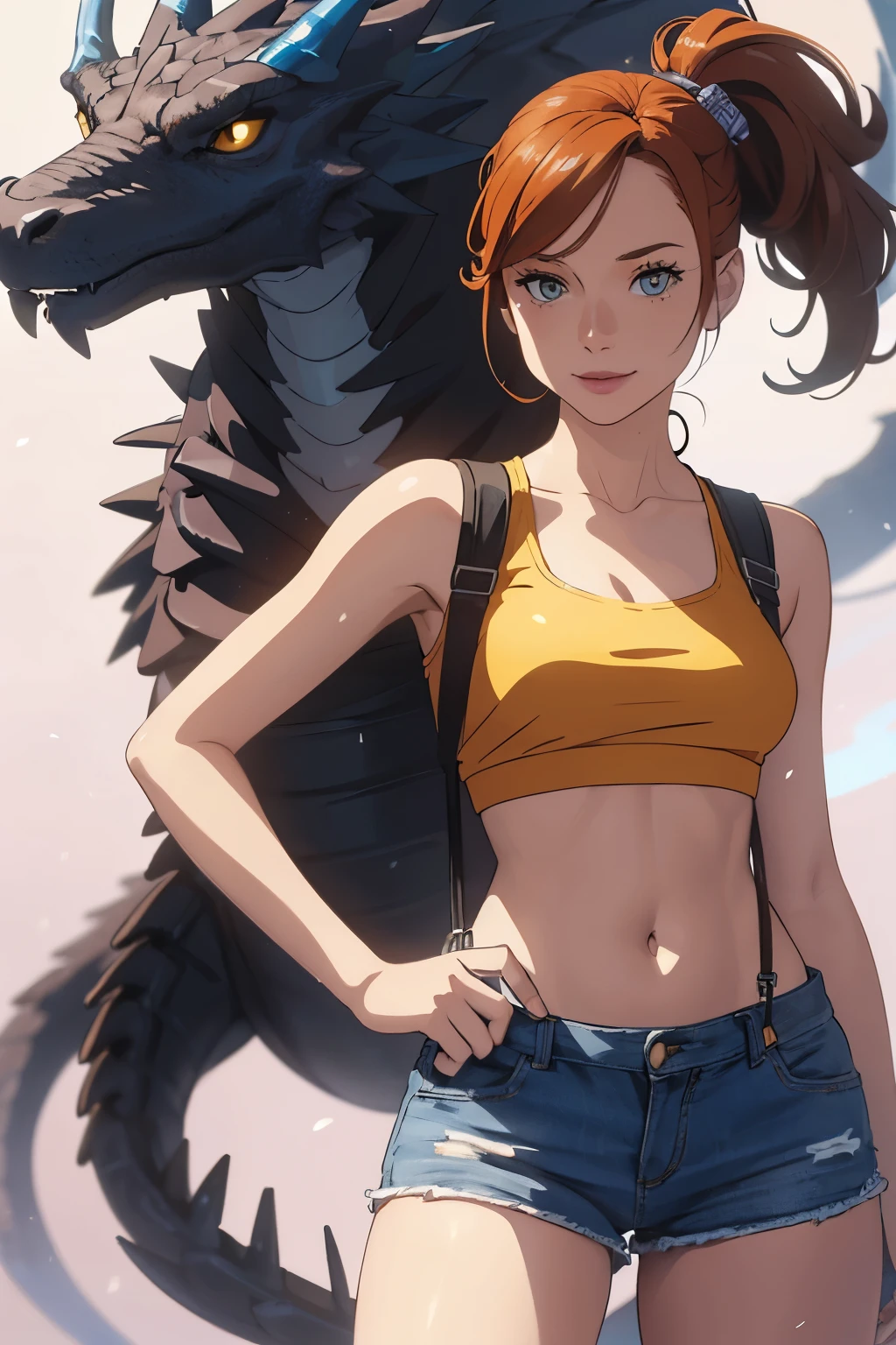 The centerpiece of the image is Misty from Pokémon, standing outdoors with a confident smile. Orange hair styled in a side ponytail, wearing denim shorts with suspenders, yellow crop top that shows off her midriff and navel. Yellow tank top. Cowboy shot posture exudes confidence and strength.
Misty is accompanied by a cute Dragon.
Overall, the image is a masterpiece, with high-quality details and a realistic rendering of Misty, her outfit, and her companion dragon. The colors are vivid and eye-catching, and the image is high-resolution, capturing every nuance of Misty's confident and adventurous spirit.