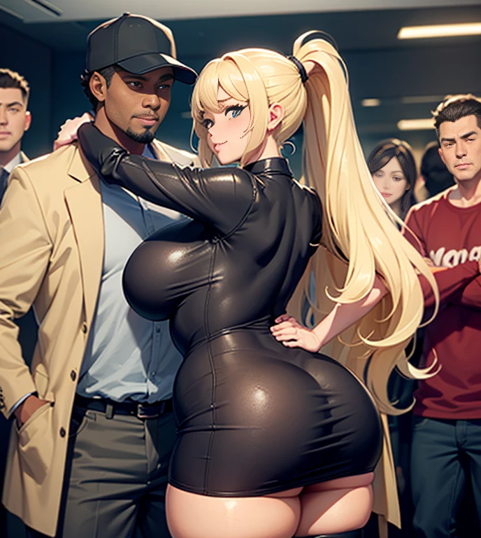 girl is curvy with thick thighs and wide hops, a big thick ass, massive ass, medium boobs, one guy with dark skin, Girl is dancing, guy is behind her, guy is grinding on her, he's pressed up against her, She is wearing a little black dress, he is wearing regular clothes, She is blushing and he is smirking, girl has blonde hair in a ponytail, his hand is on her hip, he's groping her