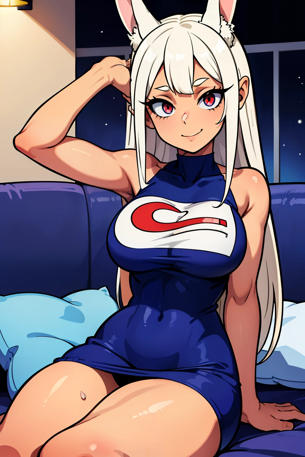 Cute girls,ojos rojos redondos, cabello blanco、orejas de conejo,sexy、sonriendo,Peinado liso medio a largo、(Bigboobs,lleva un vestido azul,En una casa de alquiler,sitting on the couch,Noche,estaba lloviendo afuera,Upper body is wet.,cuerpo entero,vestido azul