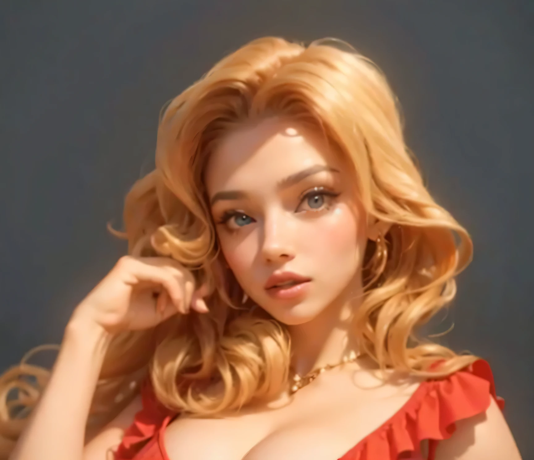 sexy women,golden curly hair,Red dress,True light and shadow,strong contrasts,Authentic texture,Realisticstyle,8K,k hd,hyper realisitc
