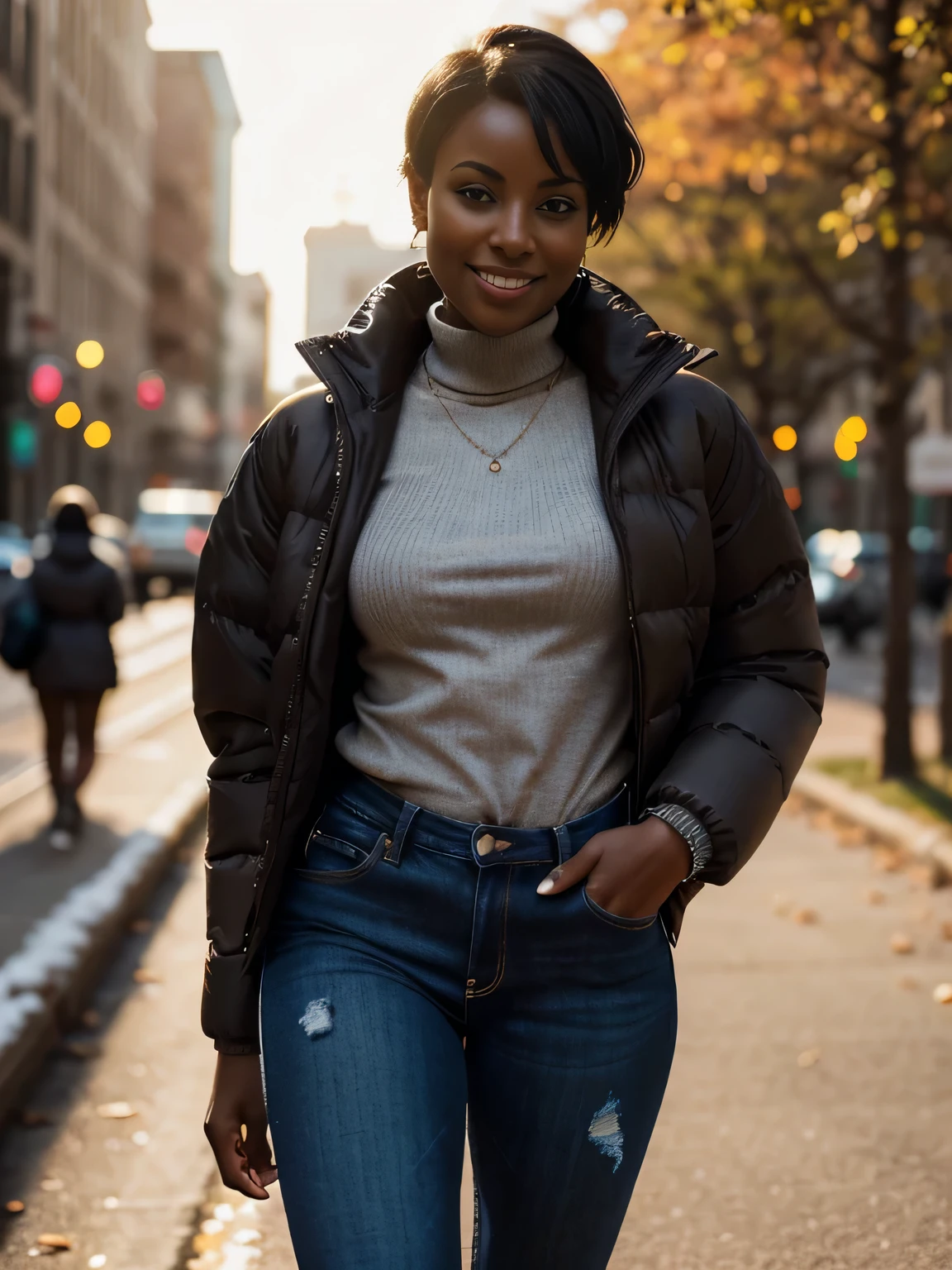 portrait photo of sexy woman in a , (african female, short black hair tied up, athletic body, medium breasts size, brown eyes, beauty skin: 1.3), (laughinasterpiece, best quality, intricate details, highly detailed:1.2), close up photo of a mature woman, (dark skin: 1.5), (winter jacket, jeans:1.2), thighs, sagging breast, slender waist, swanking, in a city, autumn, sunlight, bokeh